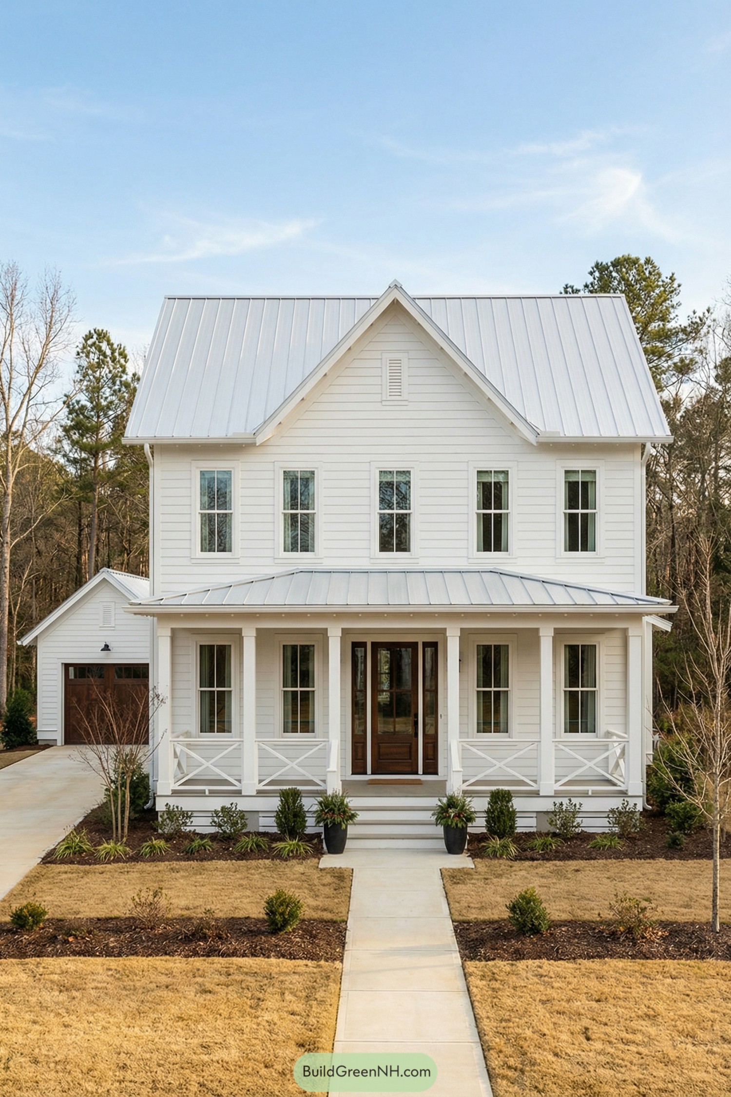 White farmhouse with gabled roof and deep front porch