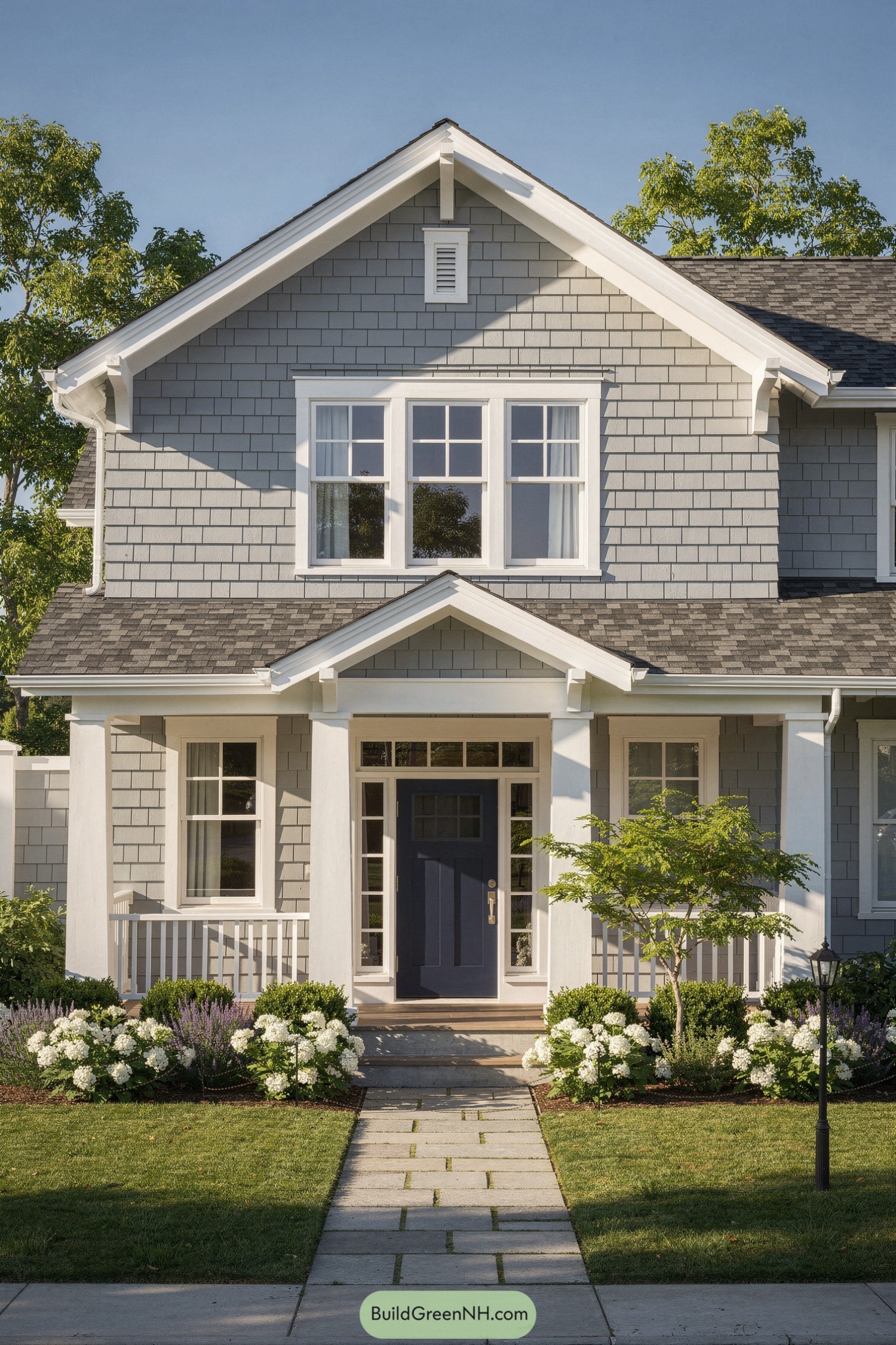 Gray shingle house with white trim and navy front door