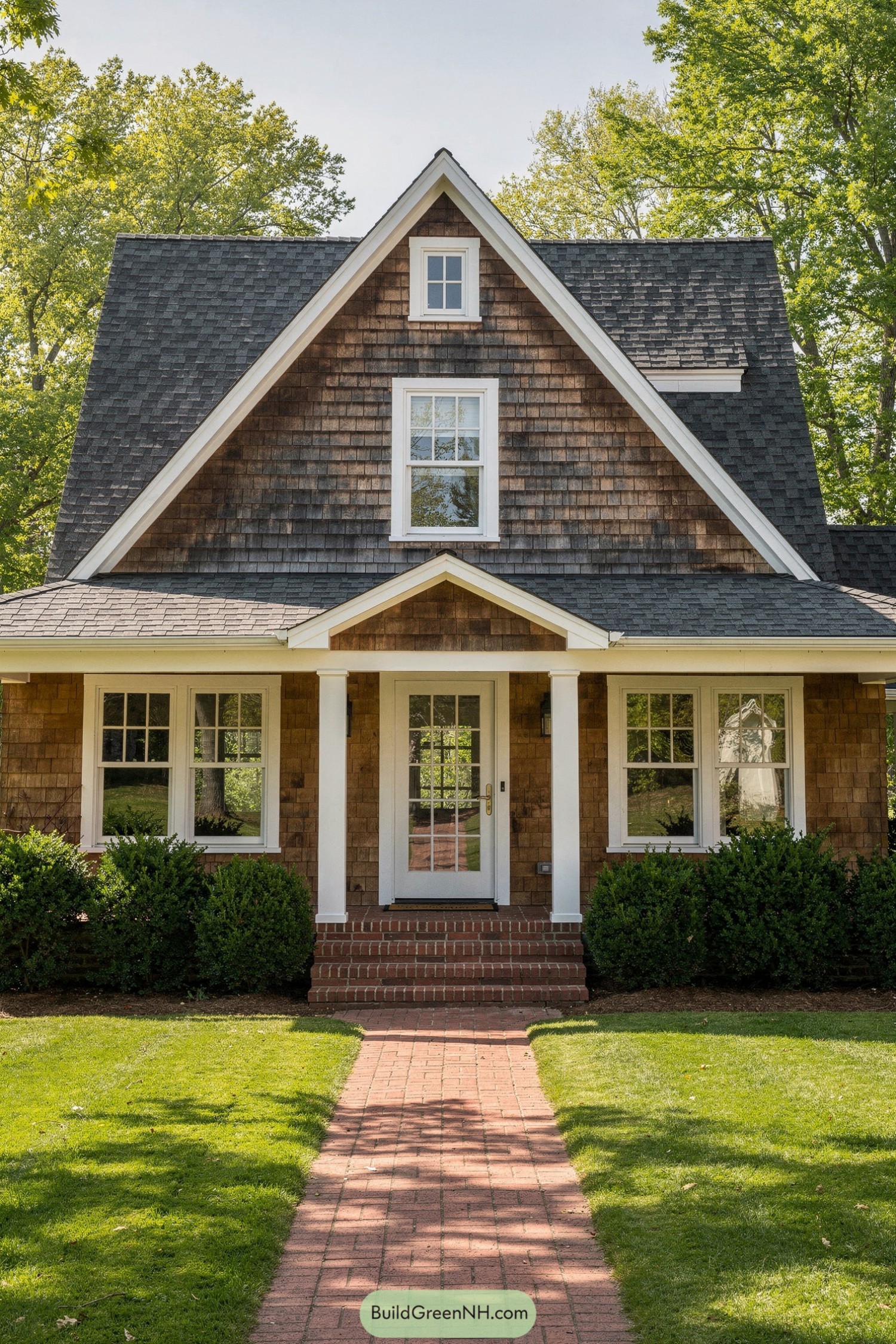 Charming brown shingle cottage with steep gables and a brick walkway leading to a columned front porch