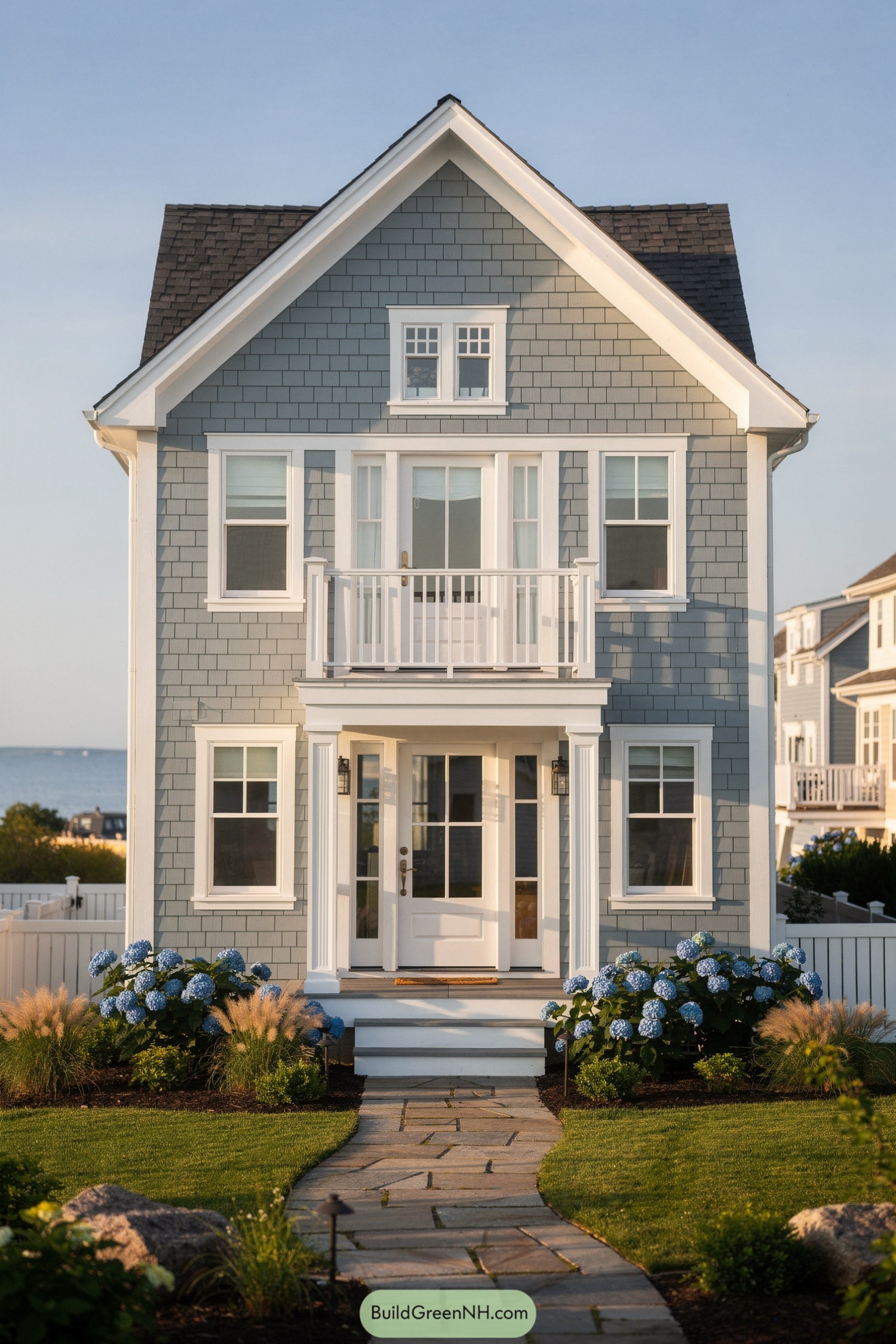 Narrow blue shingle house with white trim and balcony