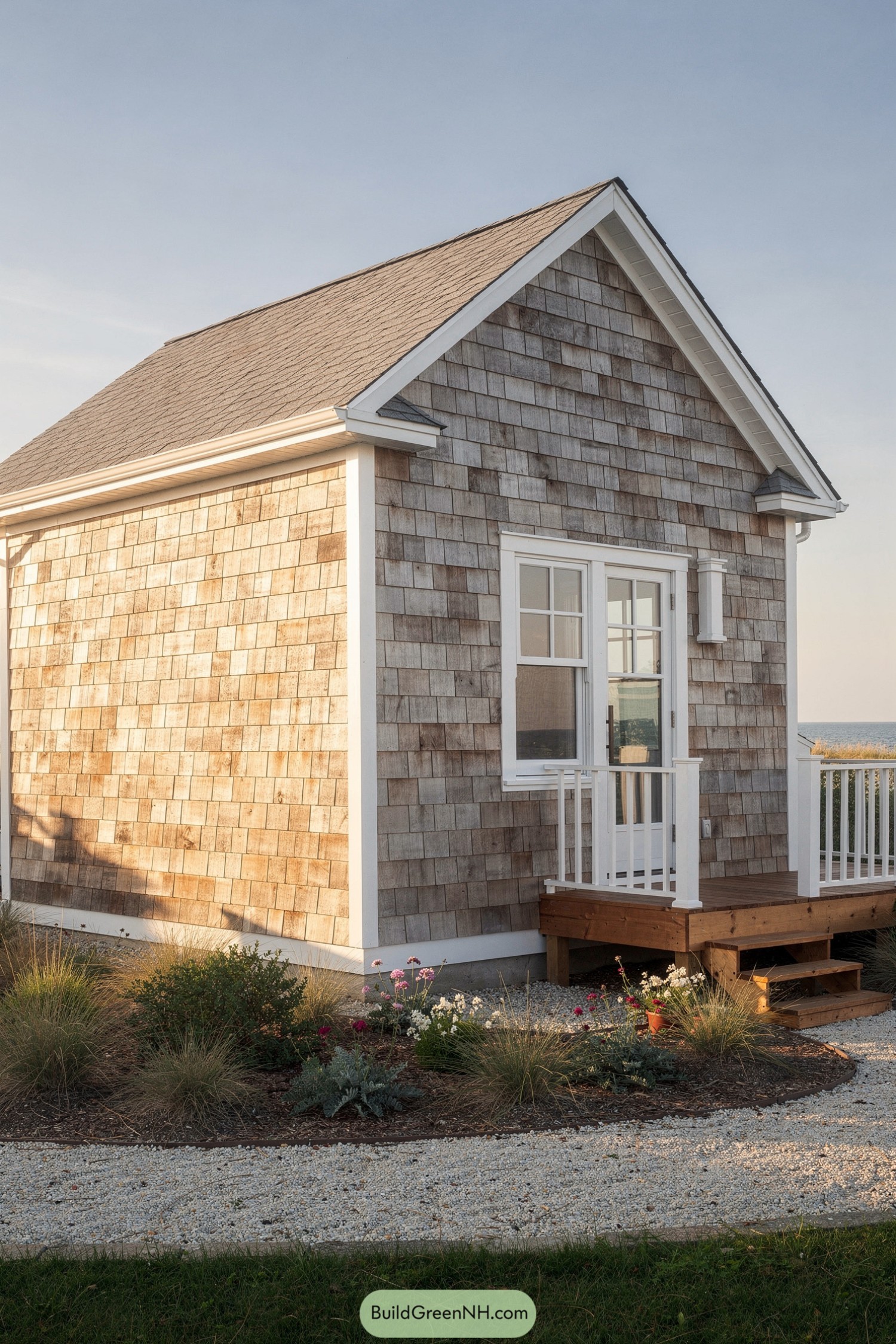 Small weathered shingle cottage with porch