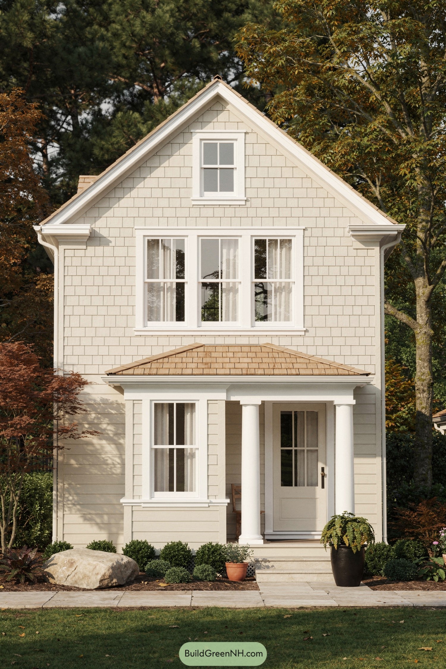 Tall cream colored shingle house with white trim and a small columned front porch