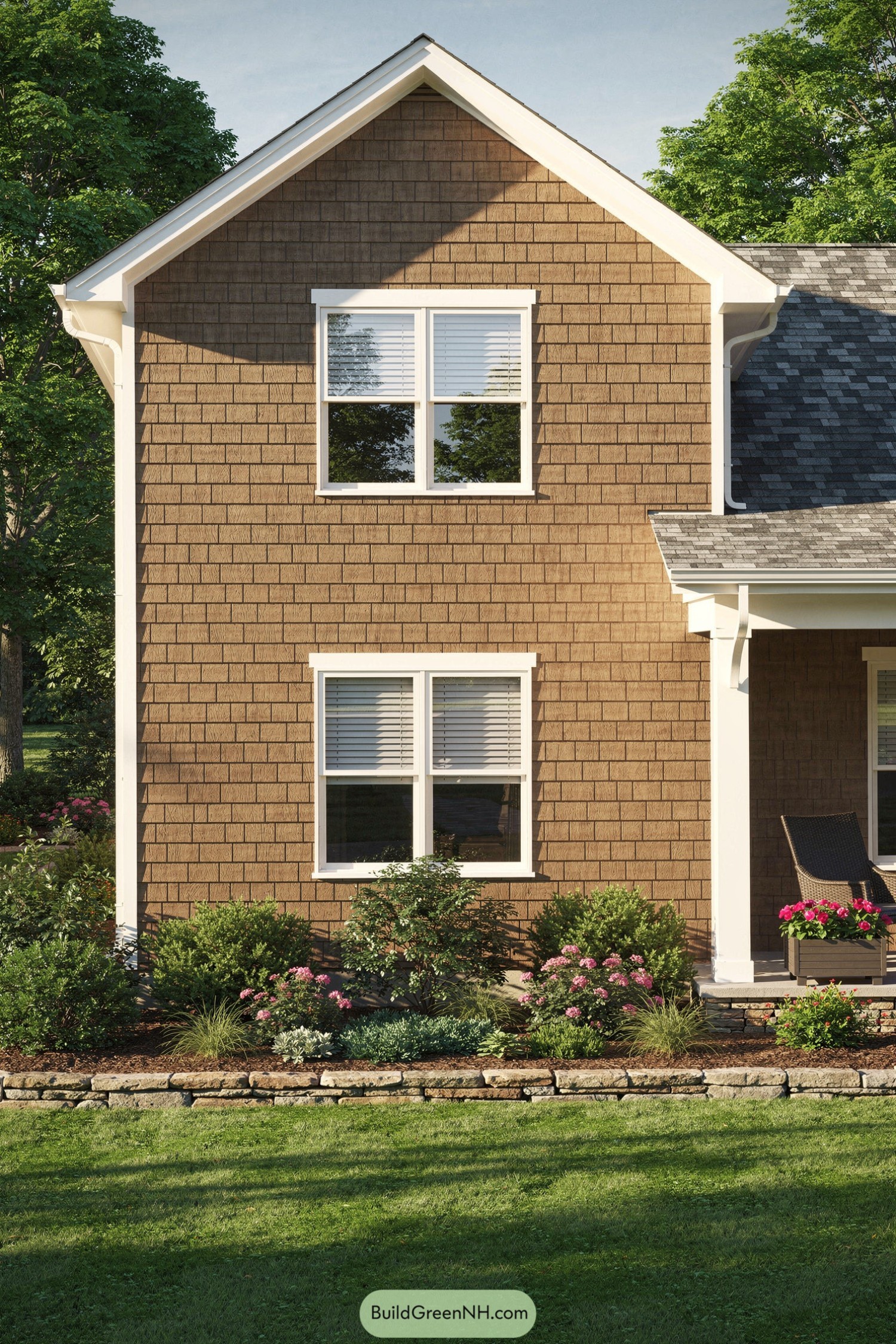 Brown shingle house facade with white trim windows and lush flower bed in front