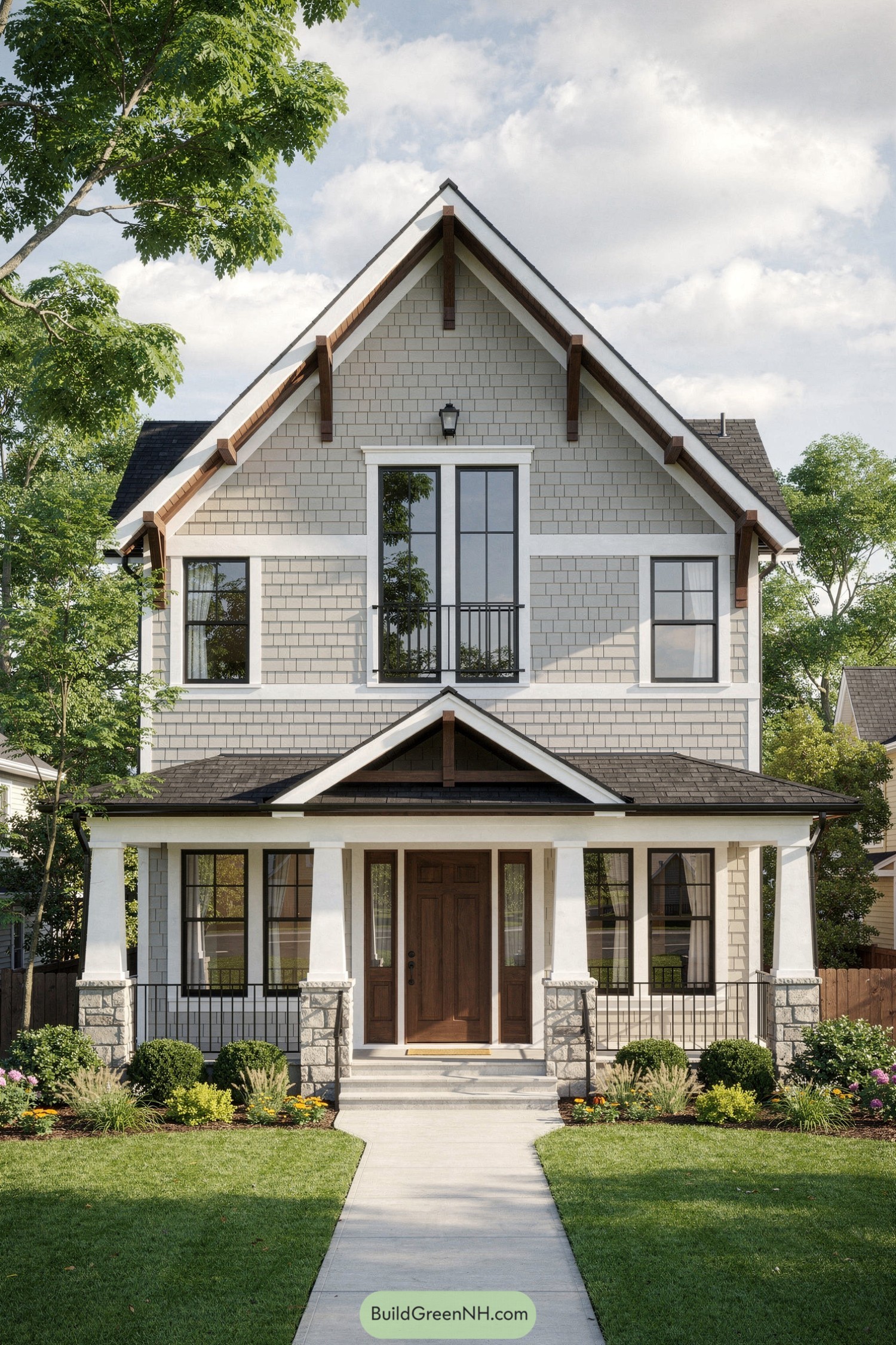 Two-story shingle-sided house with front porch and tall front gable