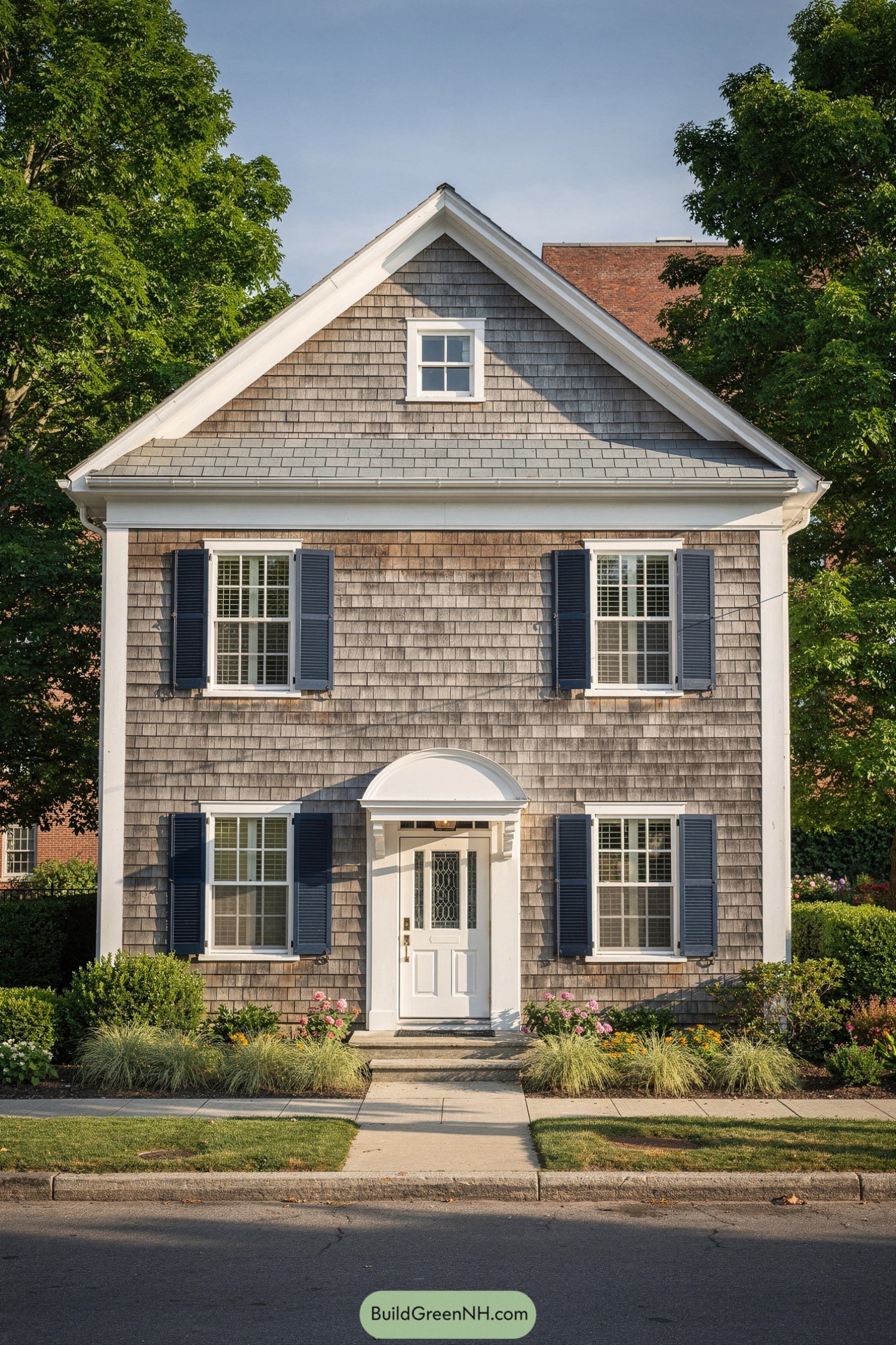 Two-story shingle house with blue shutters