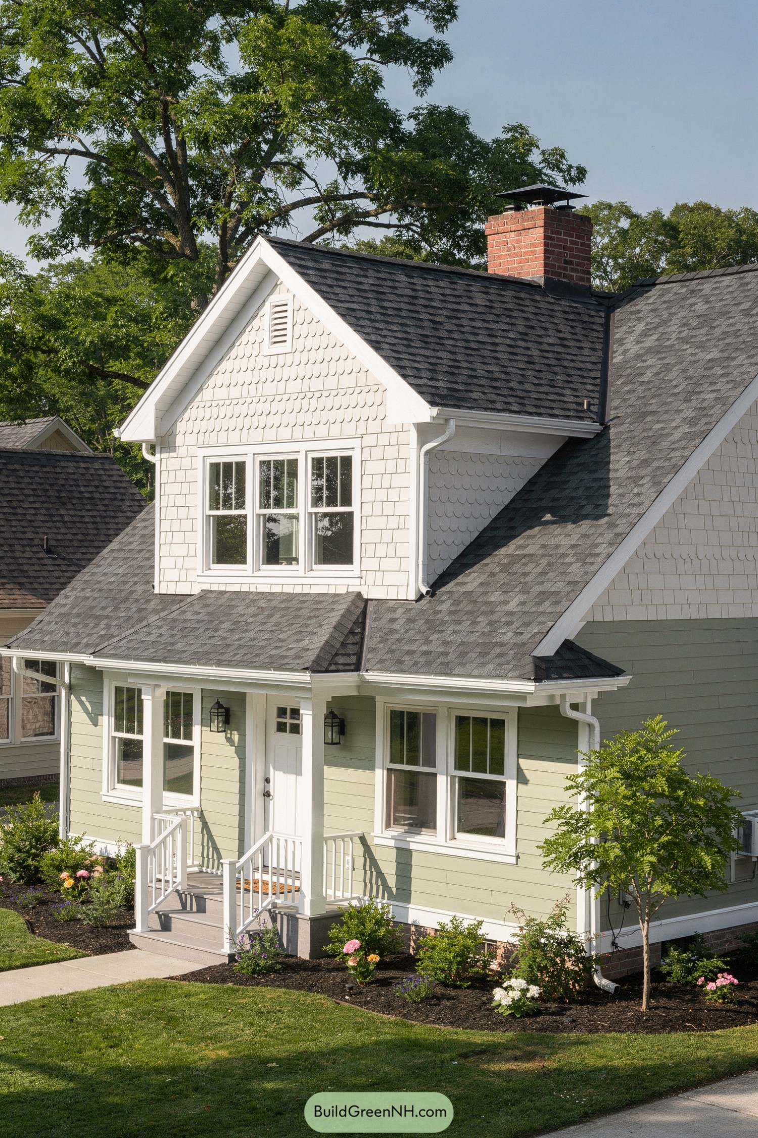 Two-story sage green house with gray shingle roof, white trim, and brick chimney. Small front stoop with railings and flower beds along the foundation