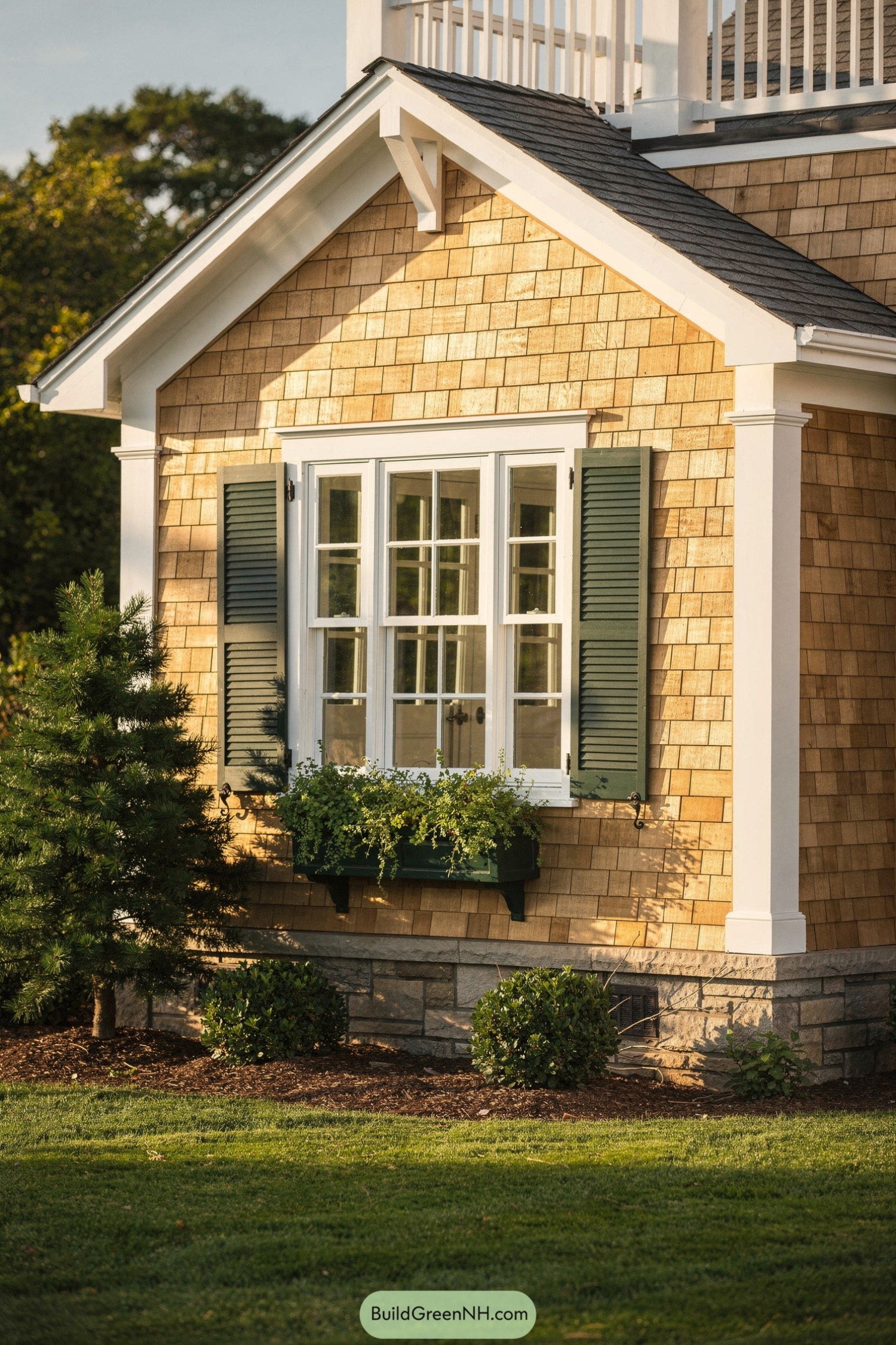 Warm shingle-sided cottage wall with white-trimmed window, green shutters, and lush window box over stone foundation