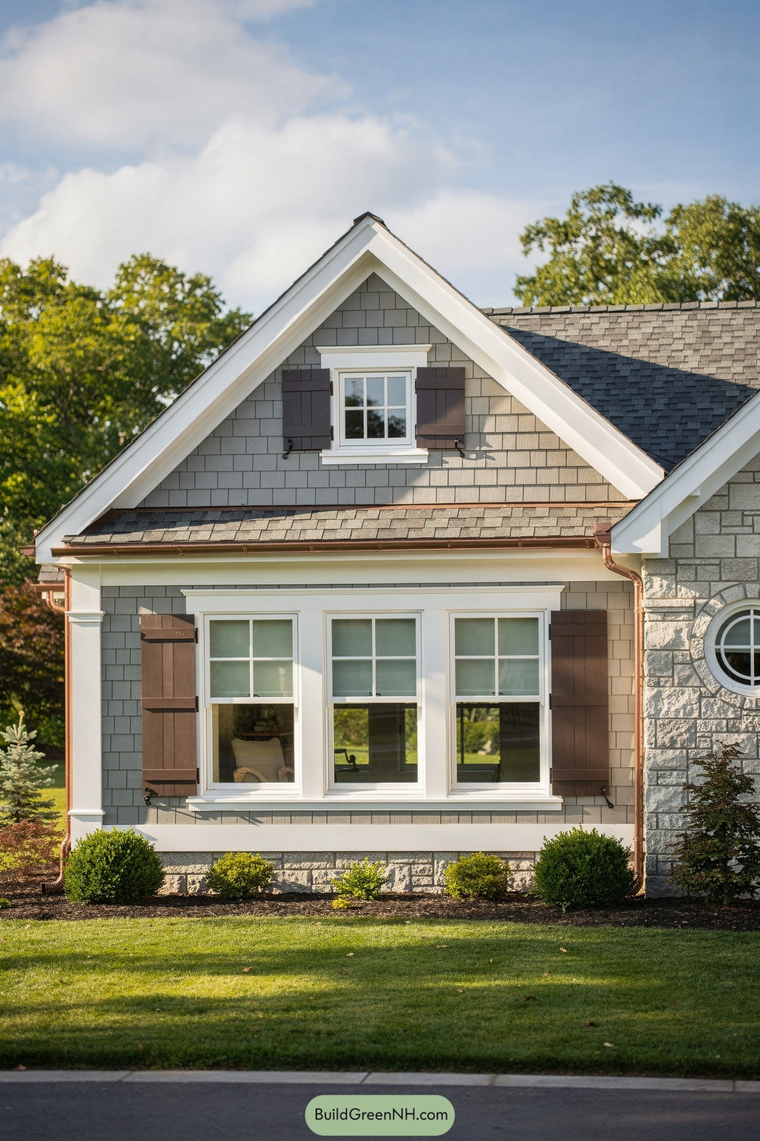 Gray shingle cottage facade with white trim and wood shutters
