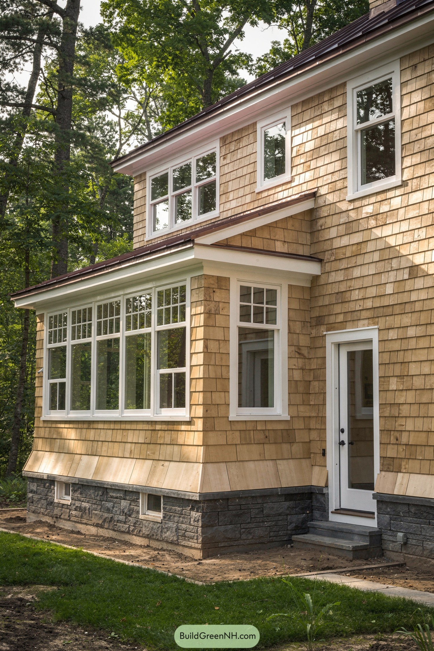 Two-story tan shingle house with white-trimmed windows and stone foundation in a wooded yard