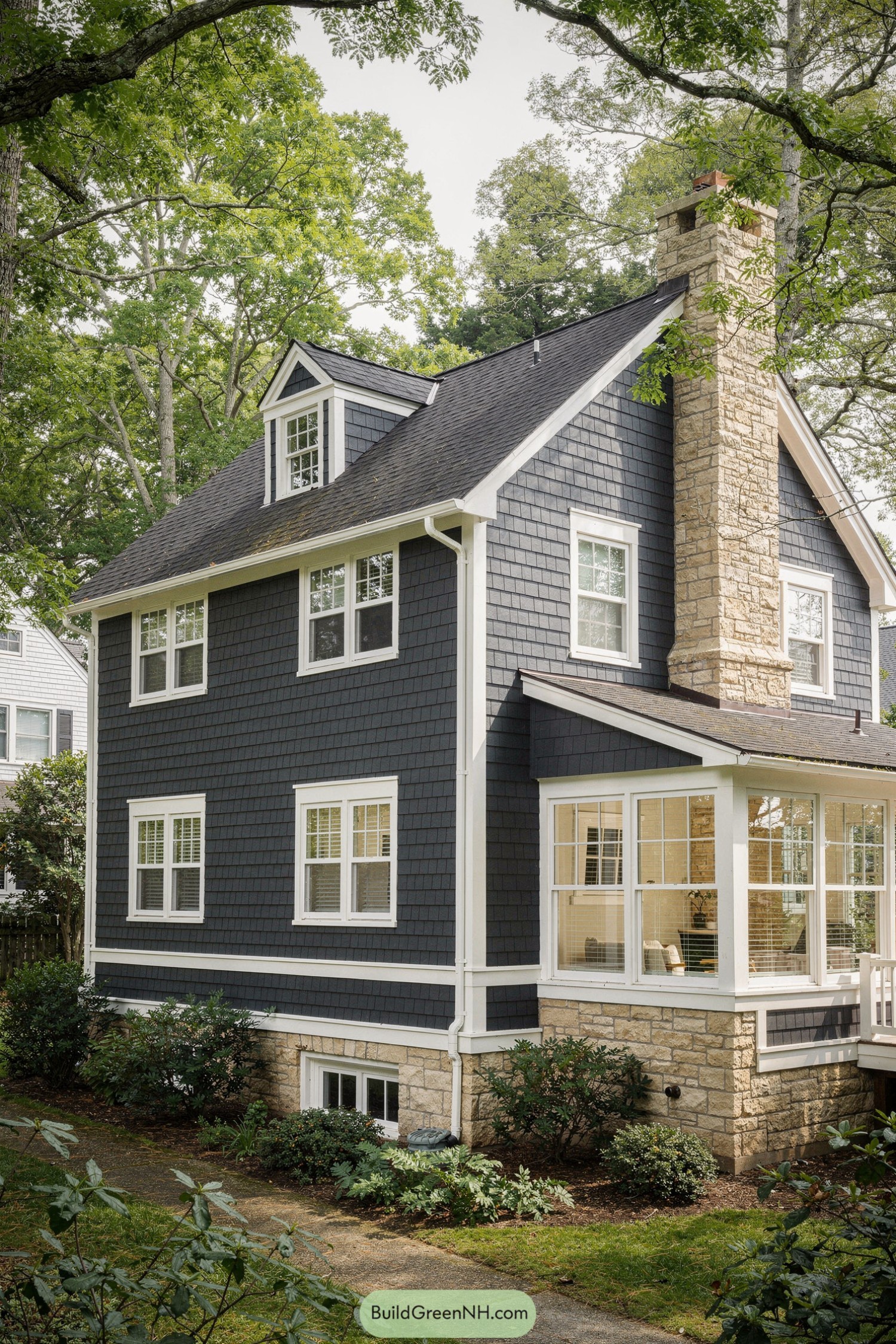 Dark gray shingle-sided house with white trim and stone chimney