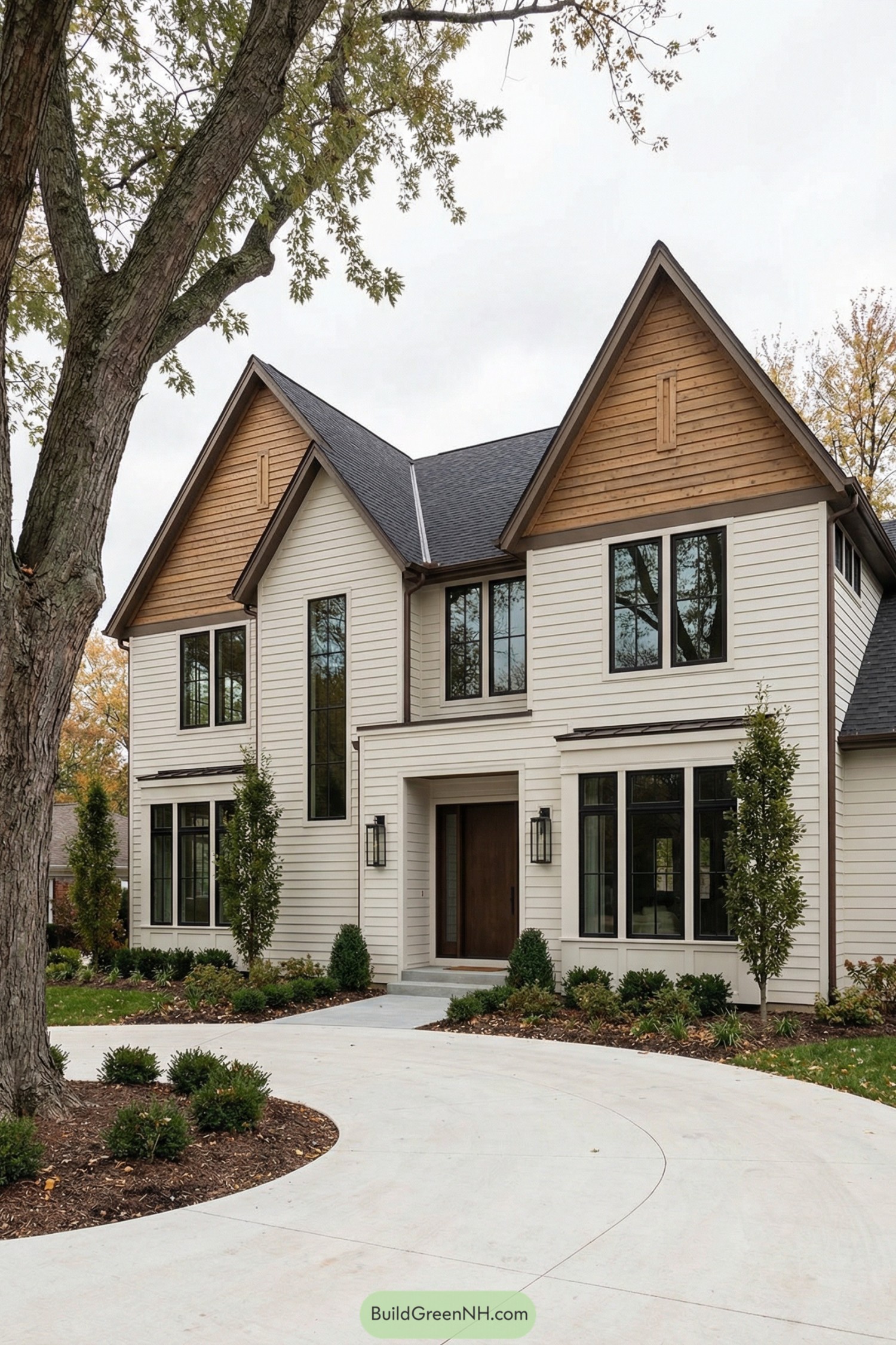 Modern two-story house with cream shiplap siding, tall gables, and dark-framed windows along a curved driveway