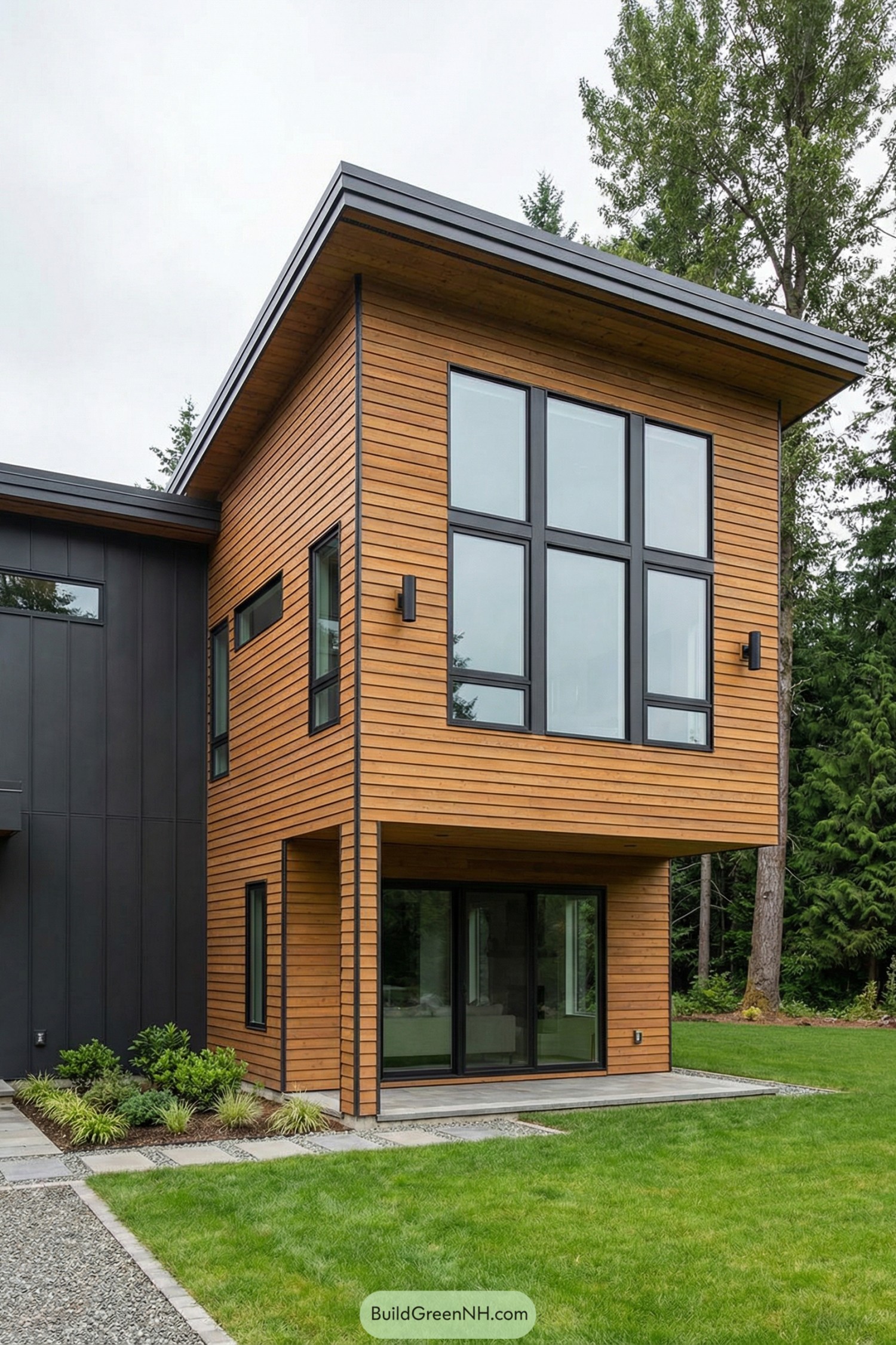 Modern two-story shiplap house with large black-framed windows