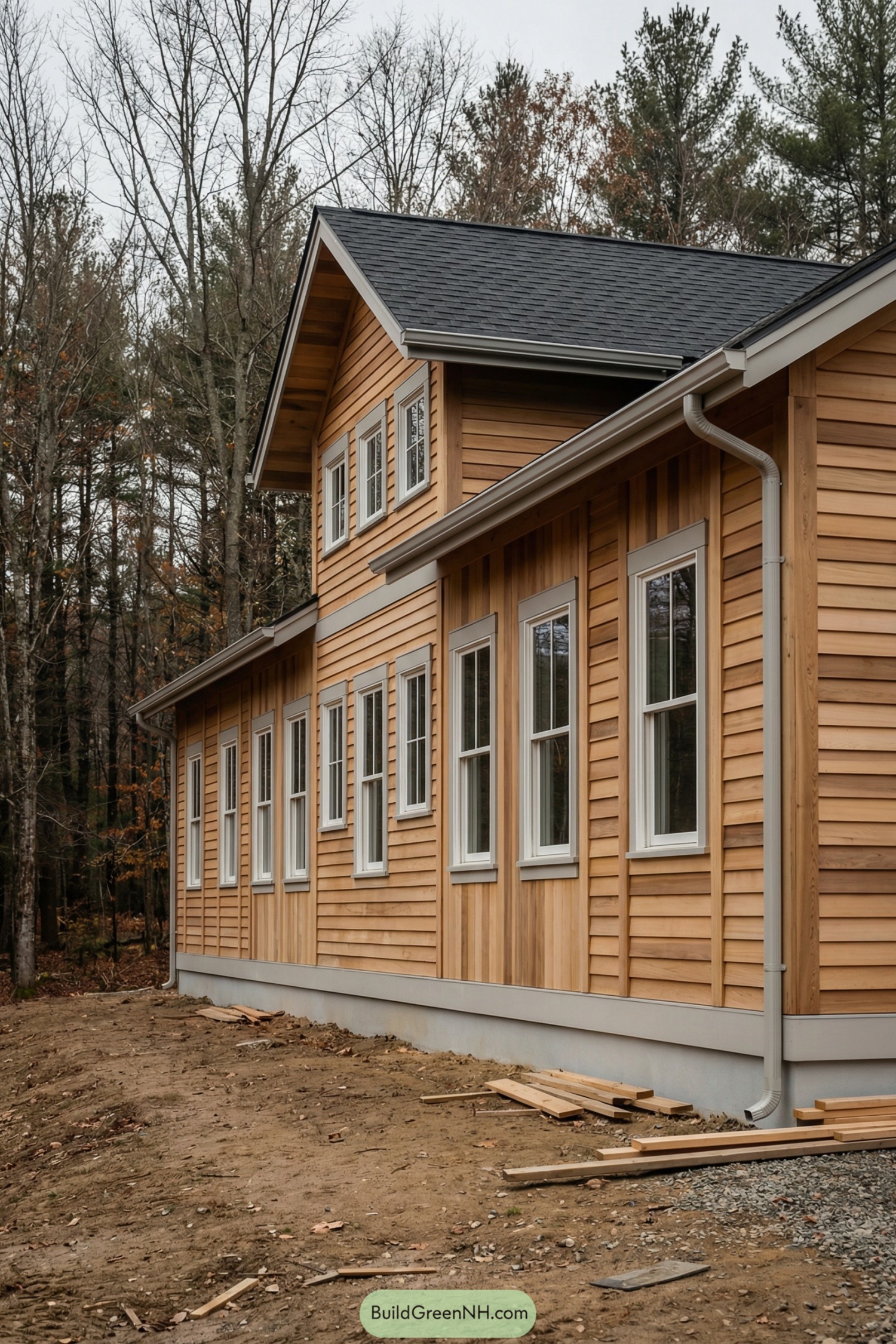 Long wood-clad shiplap house beside trees