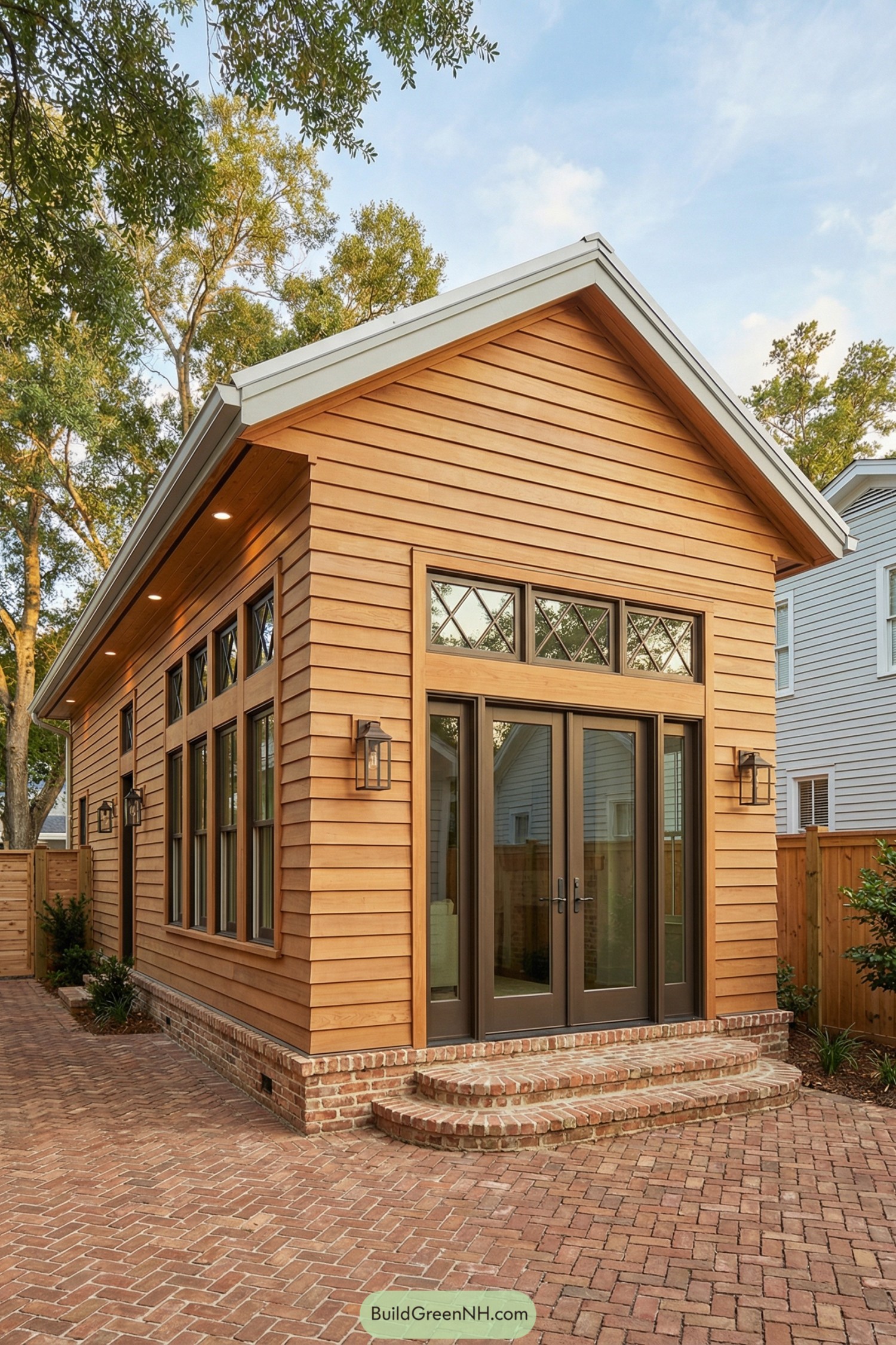 Small shiplap-sided cottage with tall windows and brick steps on a herringbone patio