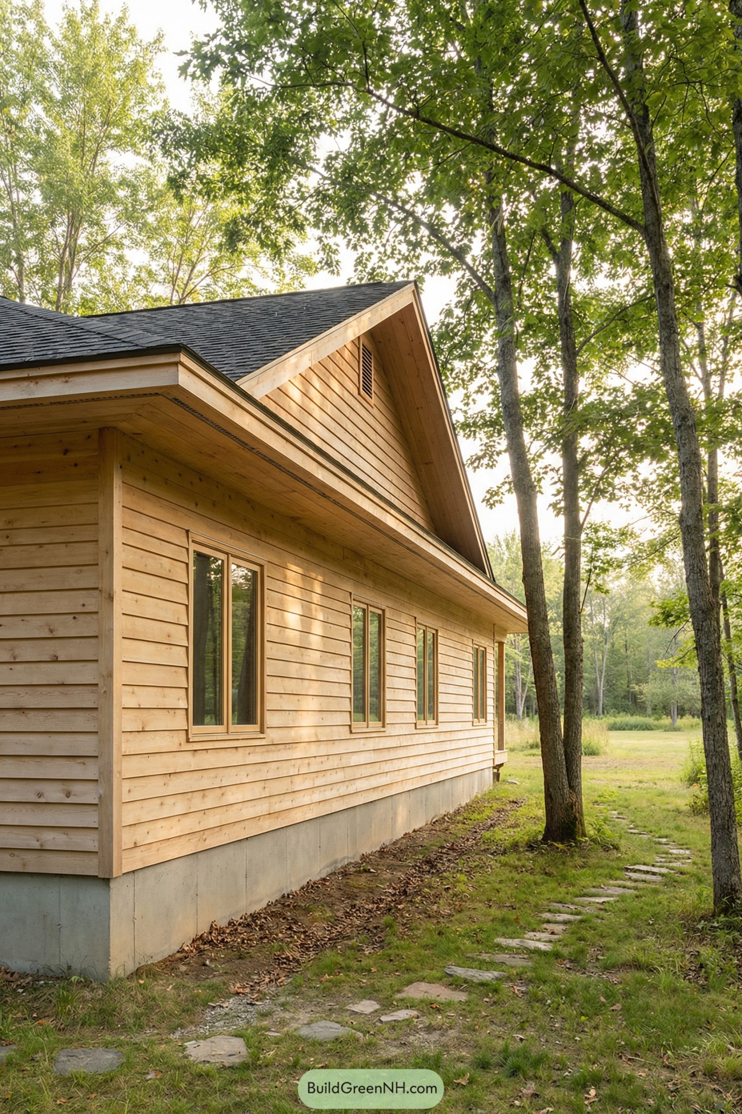 Wood-sided shiplap house beside trees