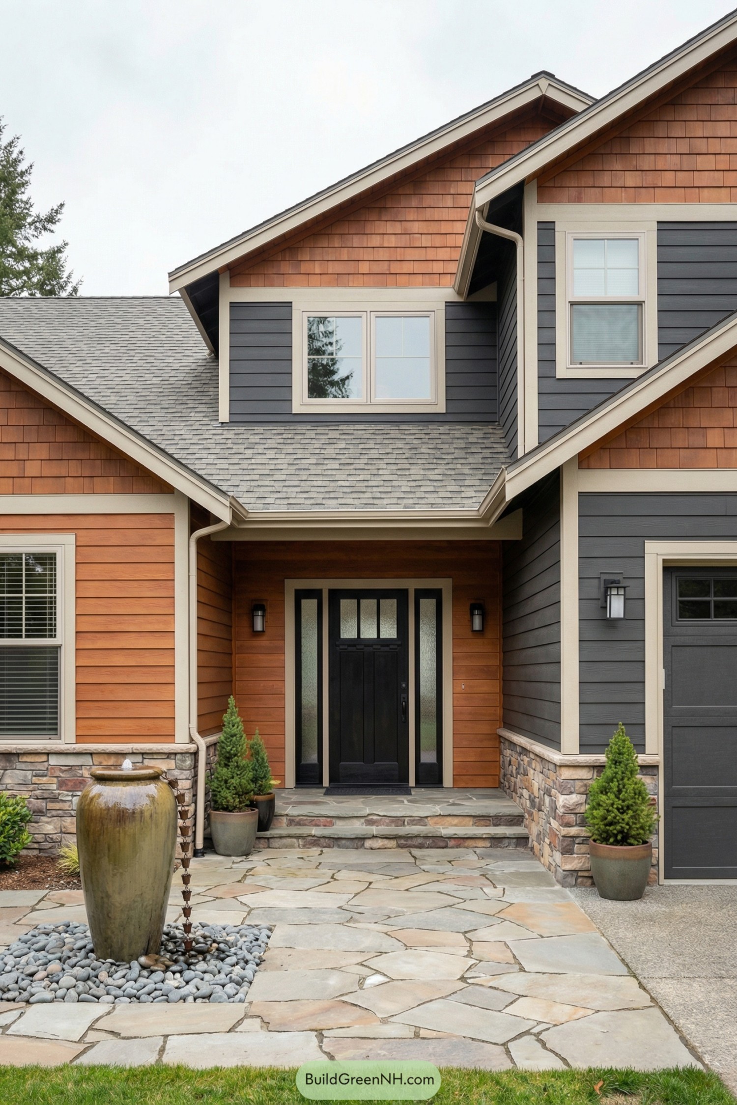 Front view of a craftsman-style home with mixed shiplap siding, stone accents, and a front courtyard fountain