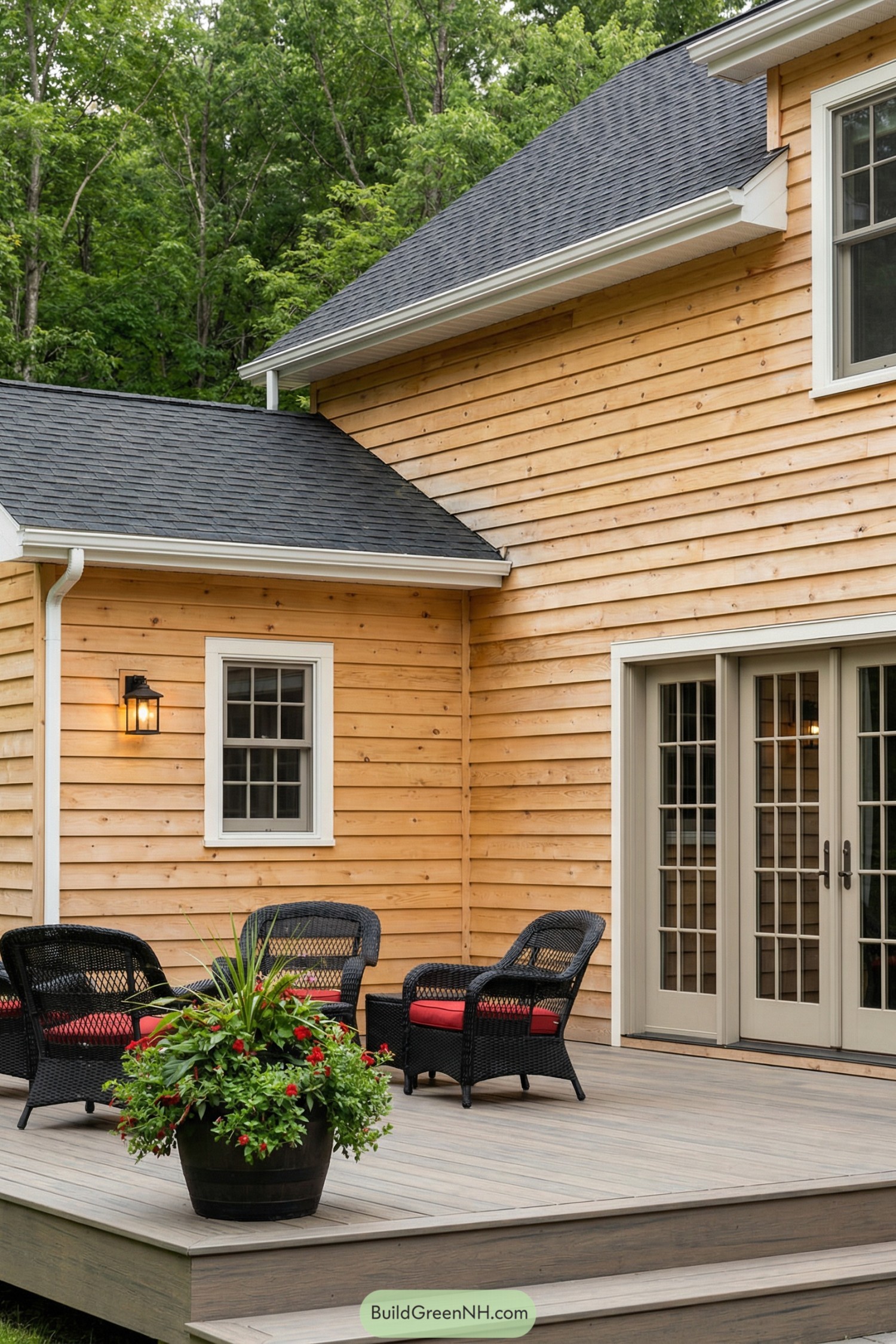 Natural wood shiplap house wall with deck seating and French doors