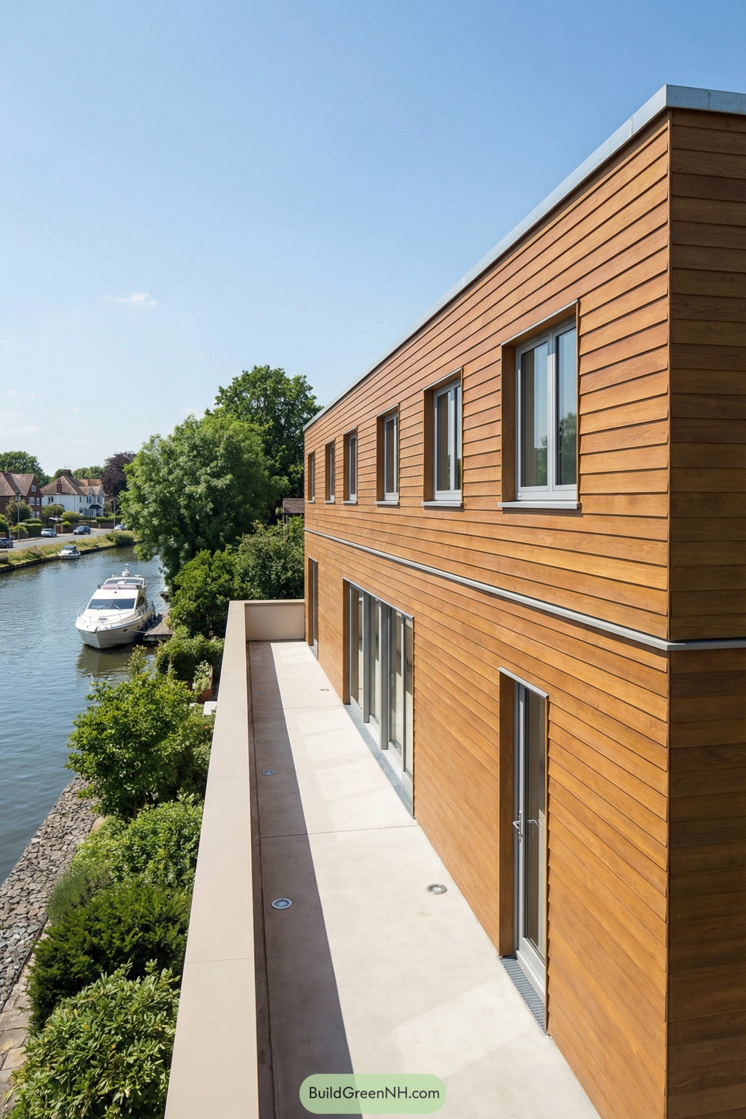 Modern shiplap house with canal-side terrace