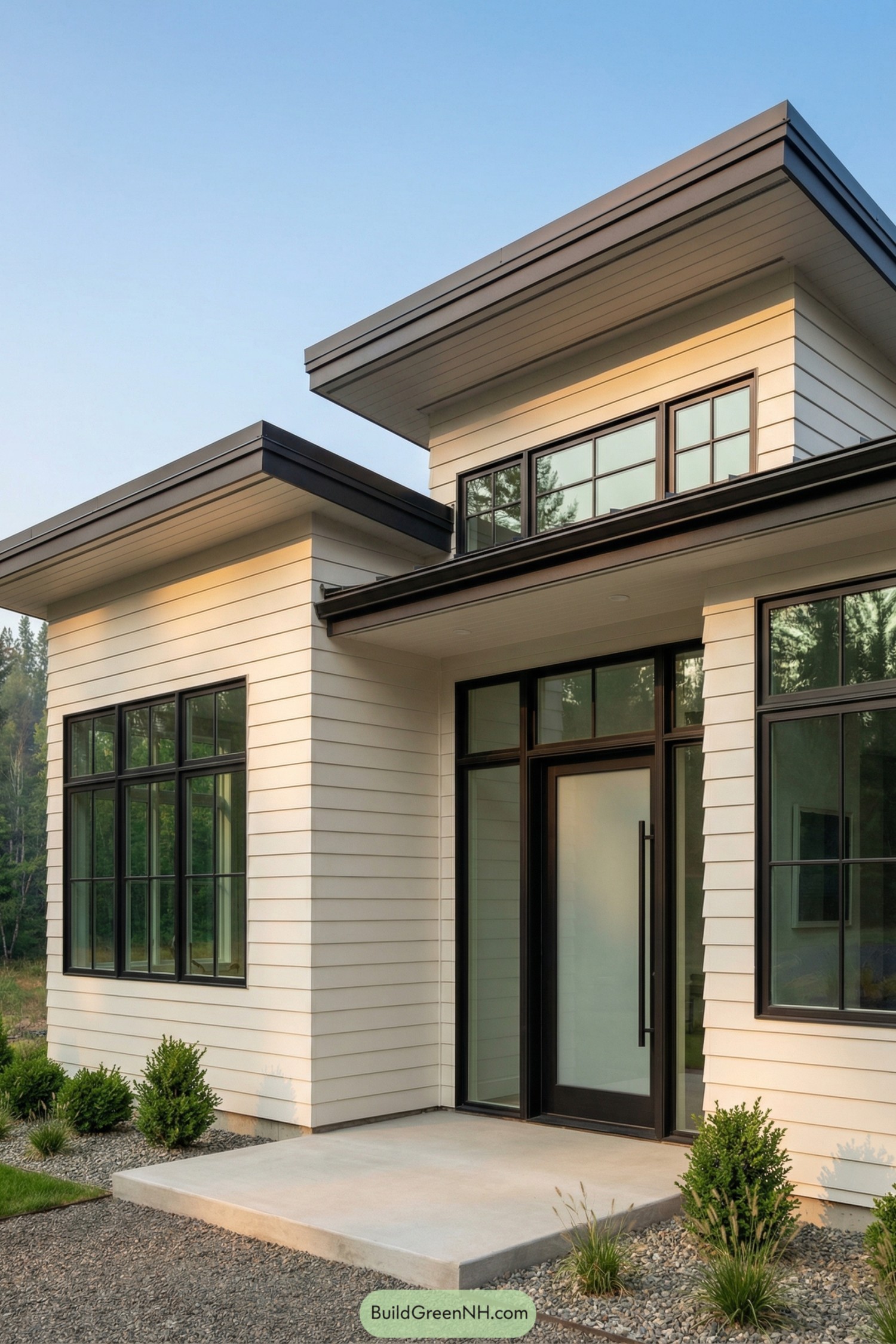 Modern white shiplap house with black-framed windows and flat rooflines