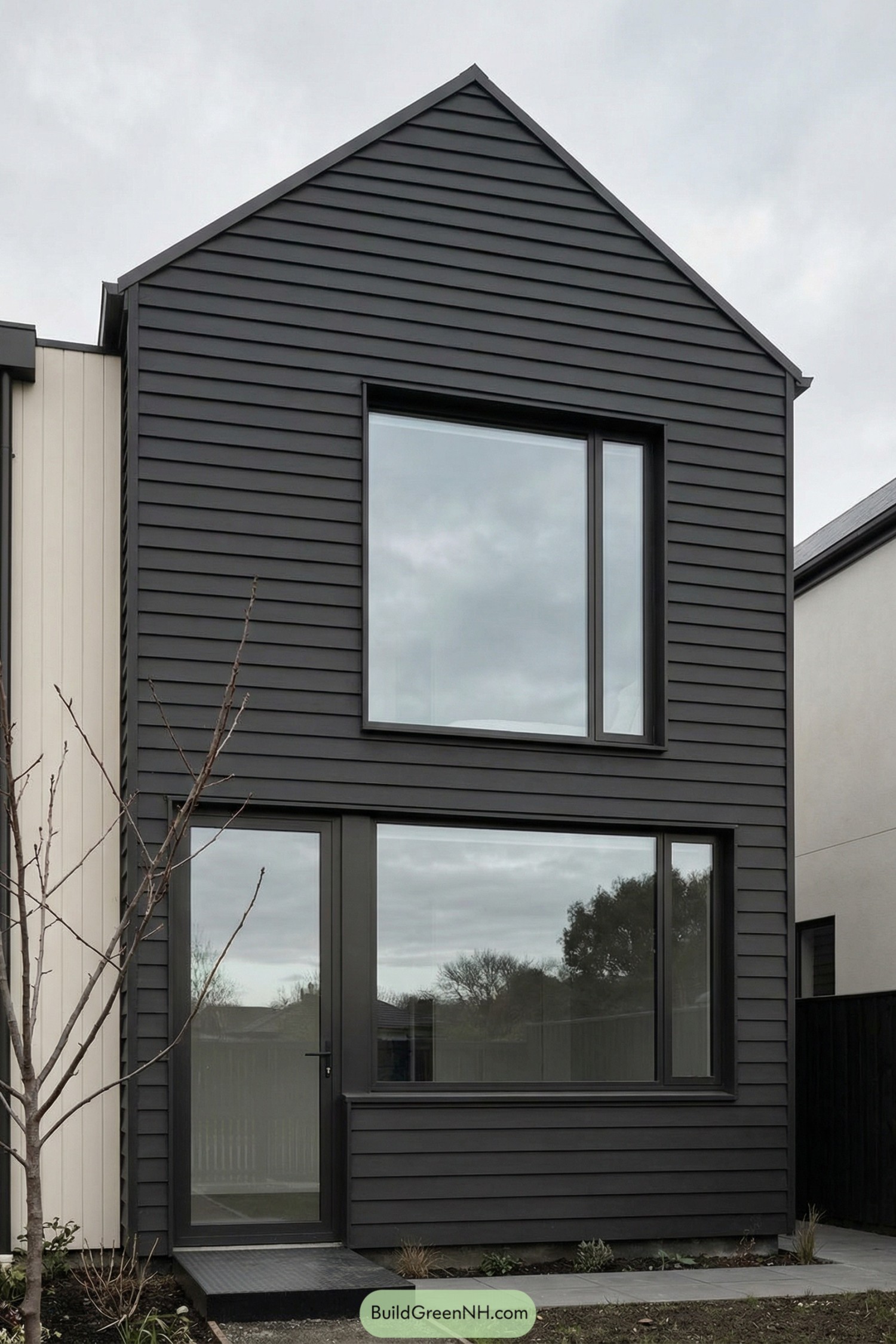 Tall narrow black shiplap house front with large modern windows and glass door