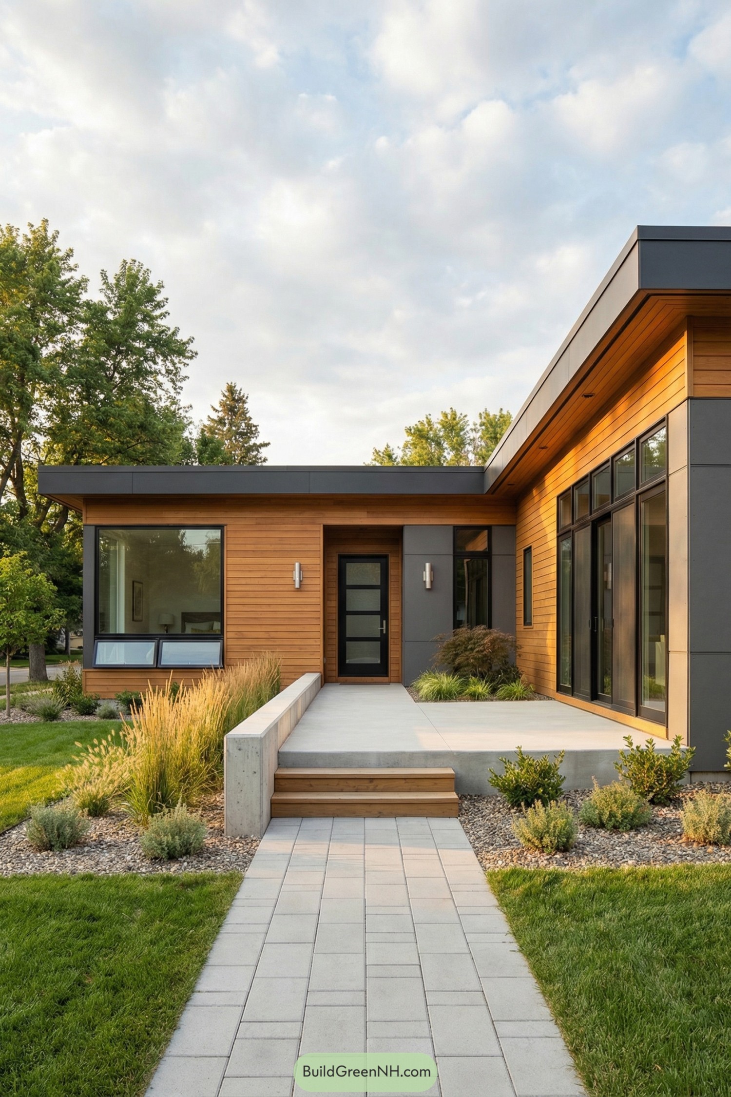 Single-story modern home with wood shiplap siding and large windows
