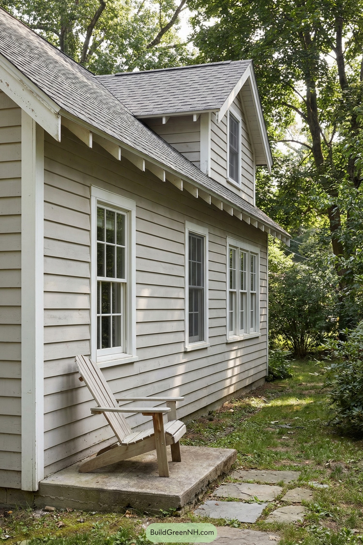 Beige shiplap cottage wall with windows and a wooden chair on a small concrete pad beside a stone path