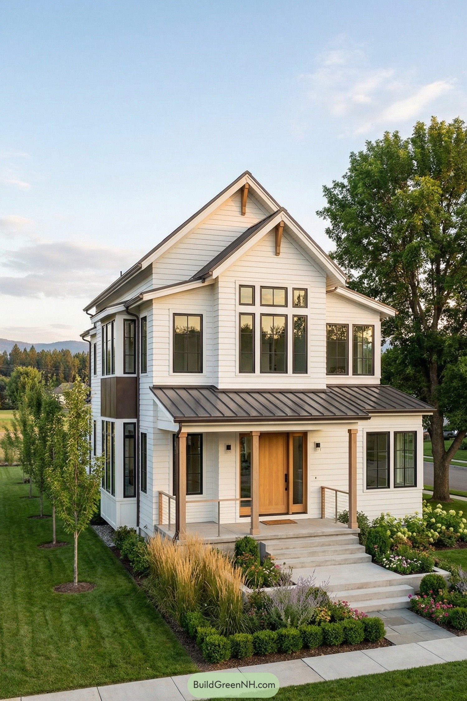 Modern white shiplap two-story house with large windows, metal porch roof, and lush landscaped front yard