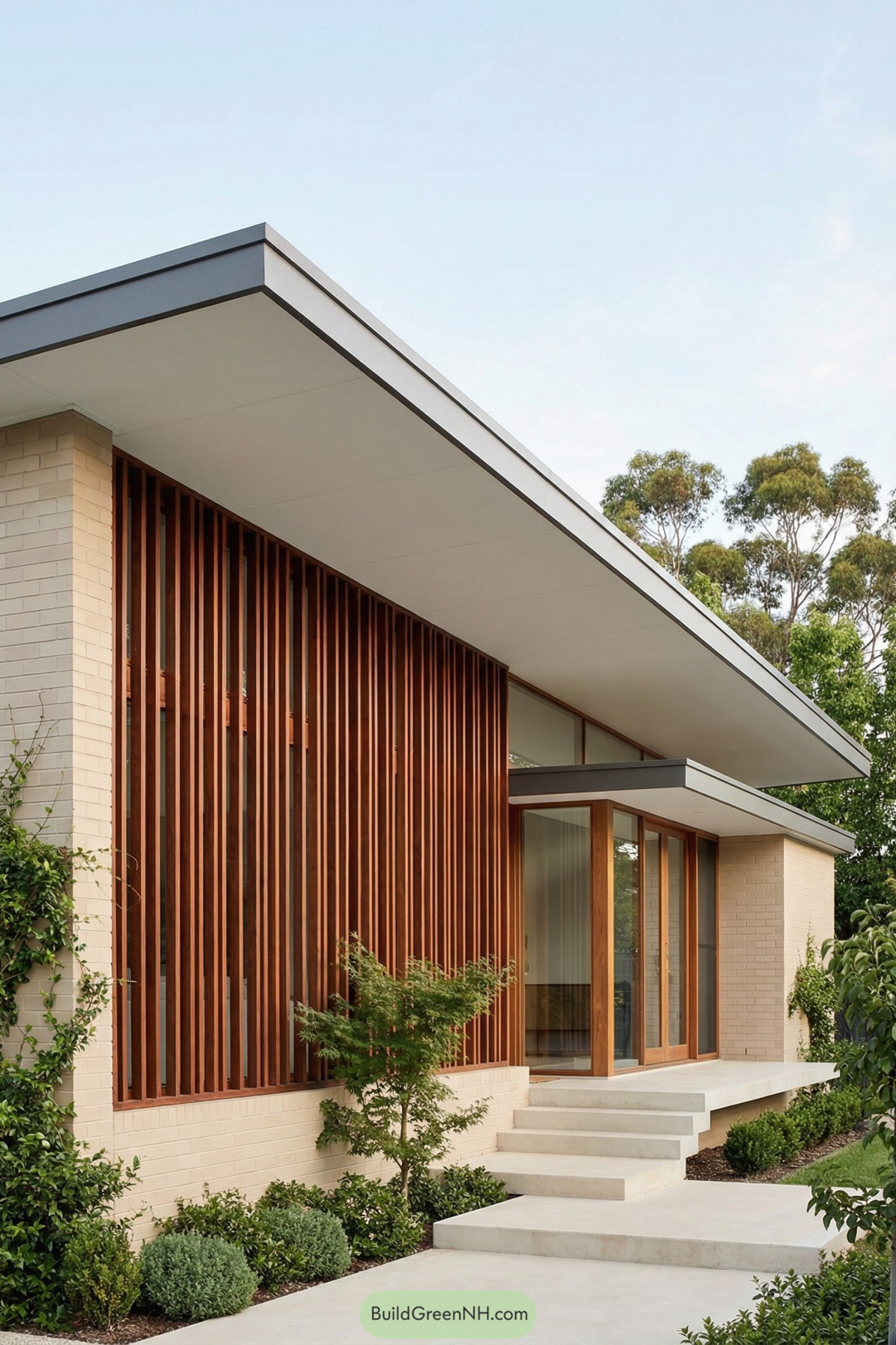 Single-story house with vertical timber slats, wide overhanging roof, and light brick walls surrounded by low landscaping