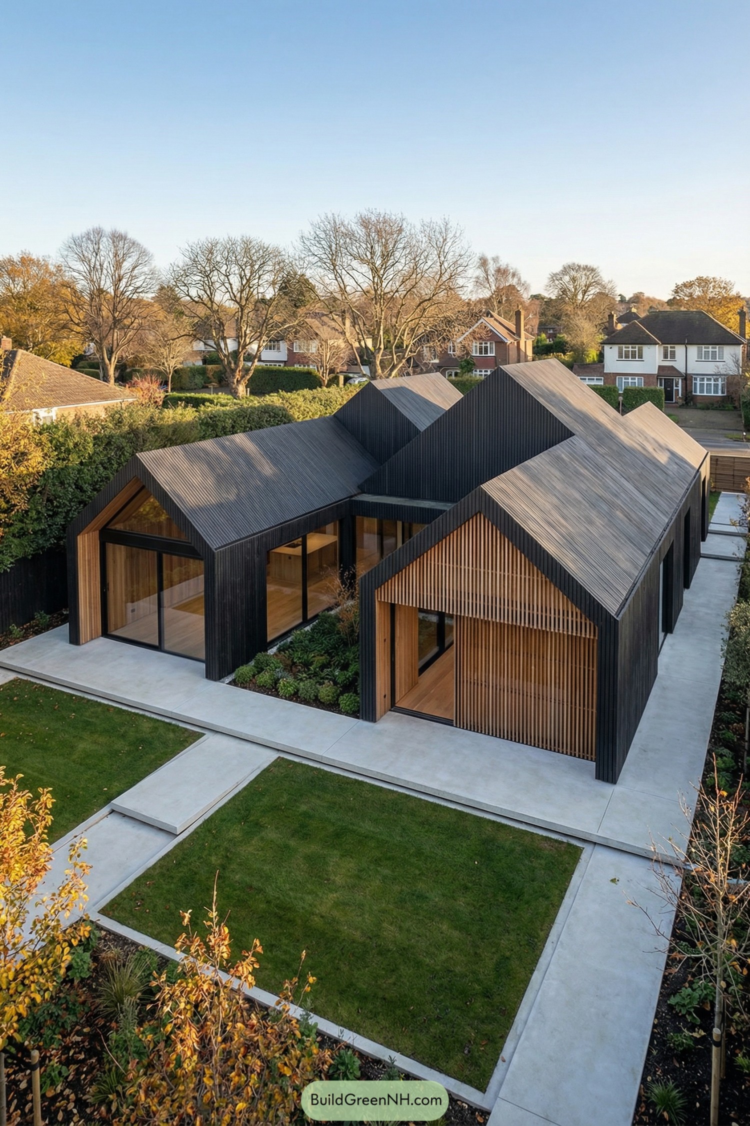 Black gabled house with warm timber slats and large glass openings