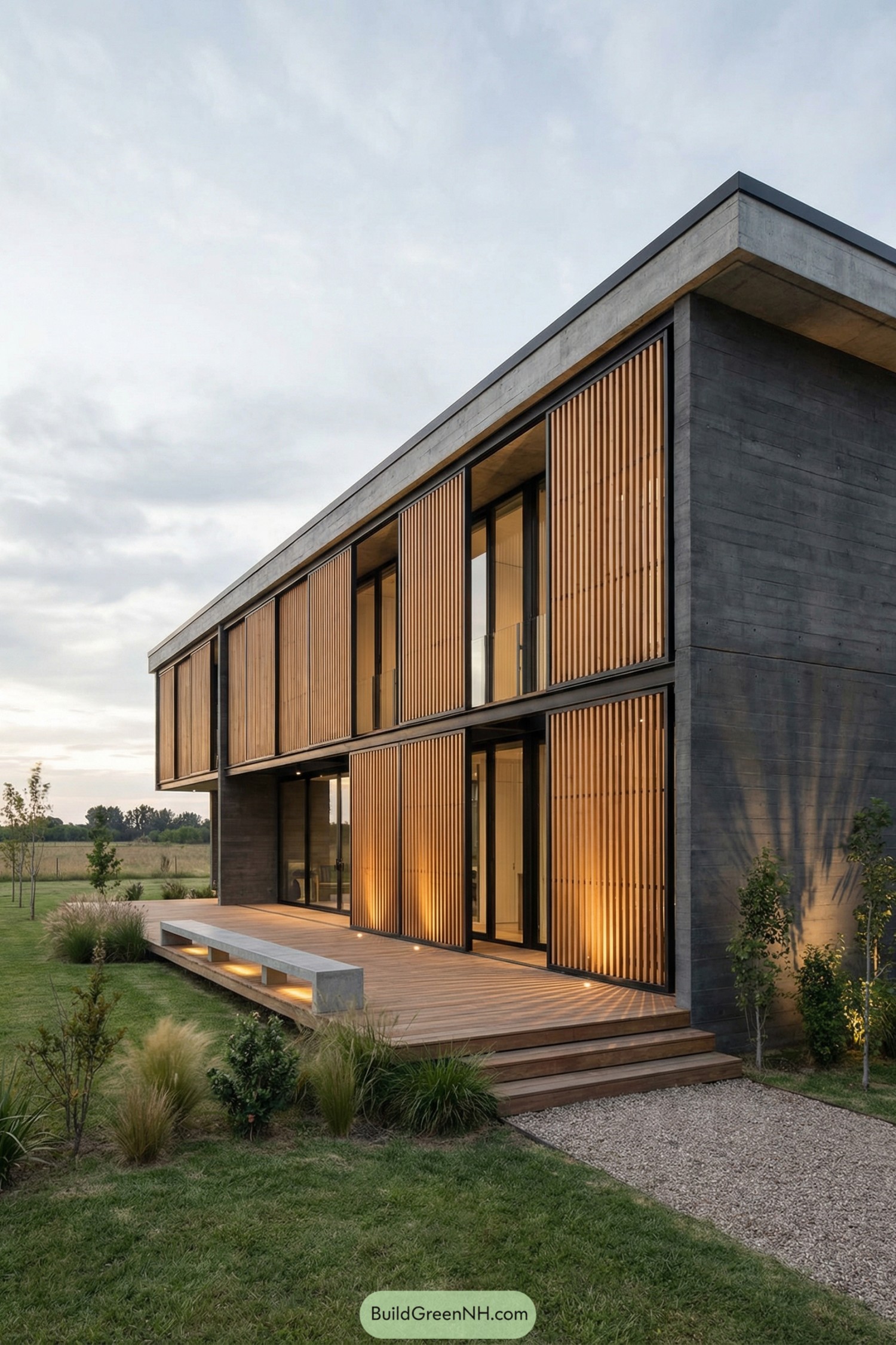 Modern two-story house with sliding timber screens