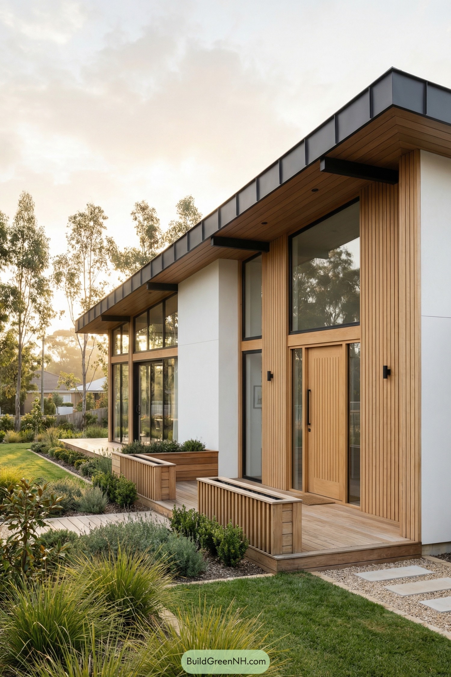 Modern house with vertical timber cladding and large glass windows opening to a landscaped garden