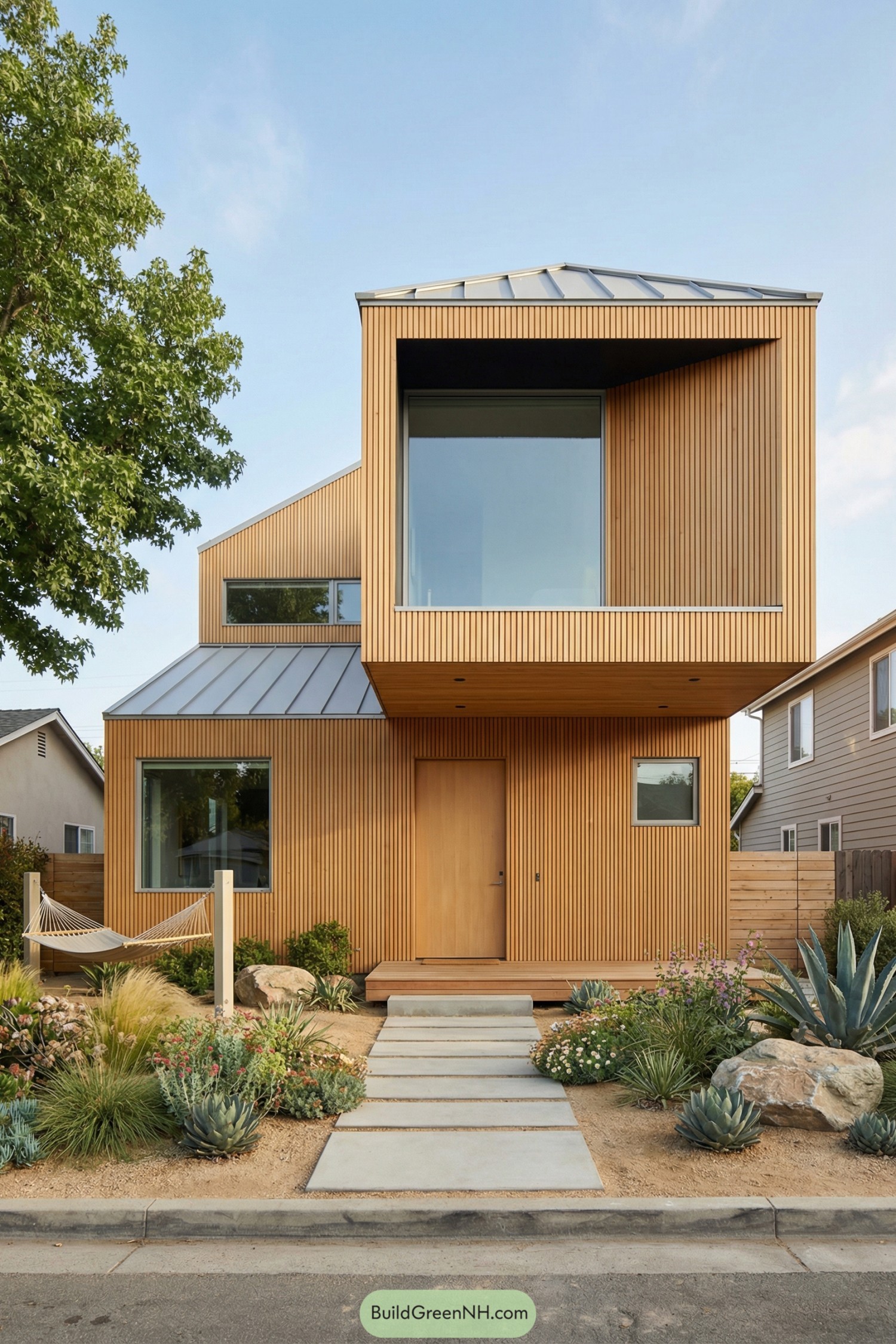 Two-story timber slat house with xeriscape yard