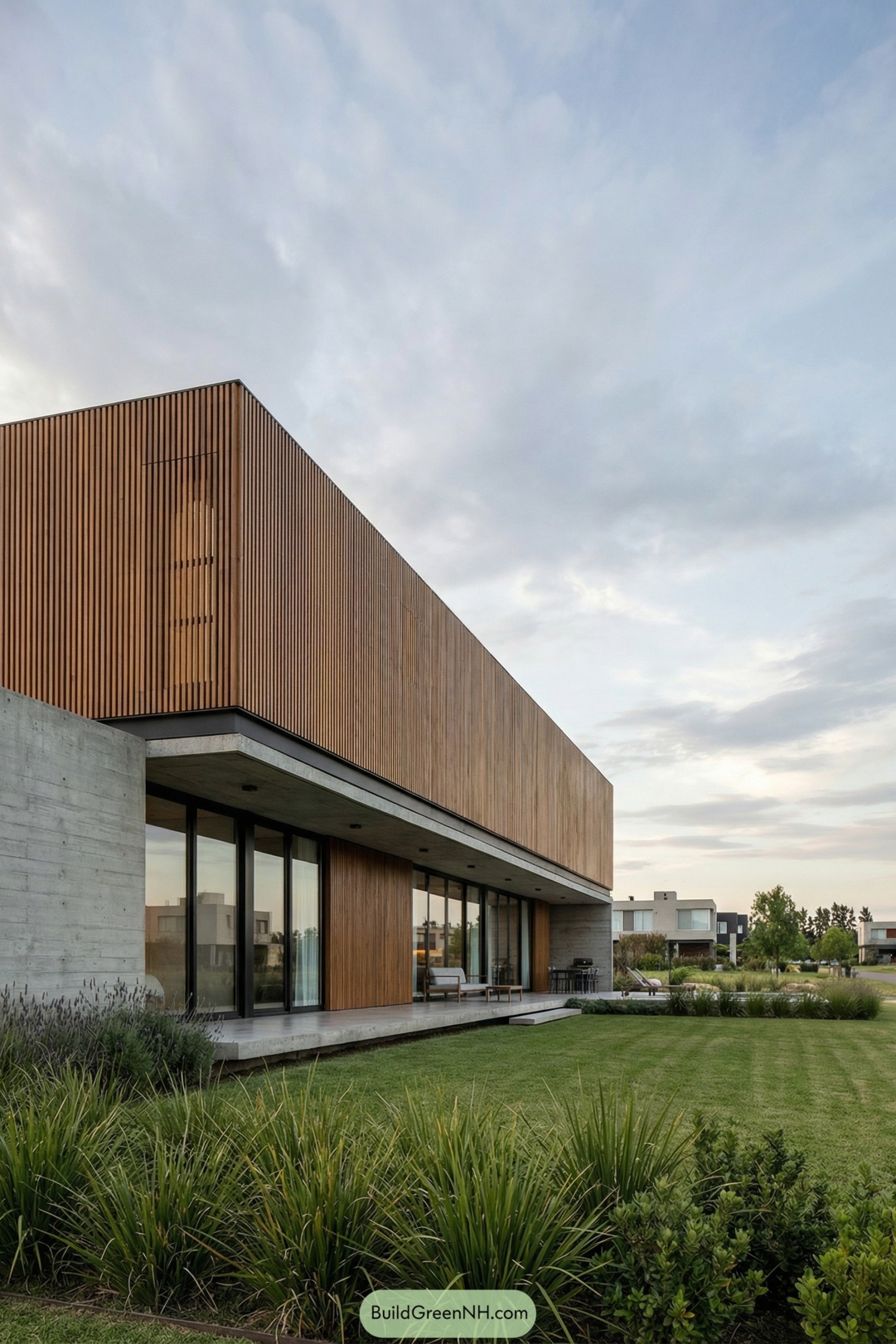 Modern two-story house with timber slat facade overlooking a landscaped lawn