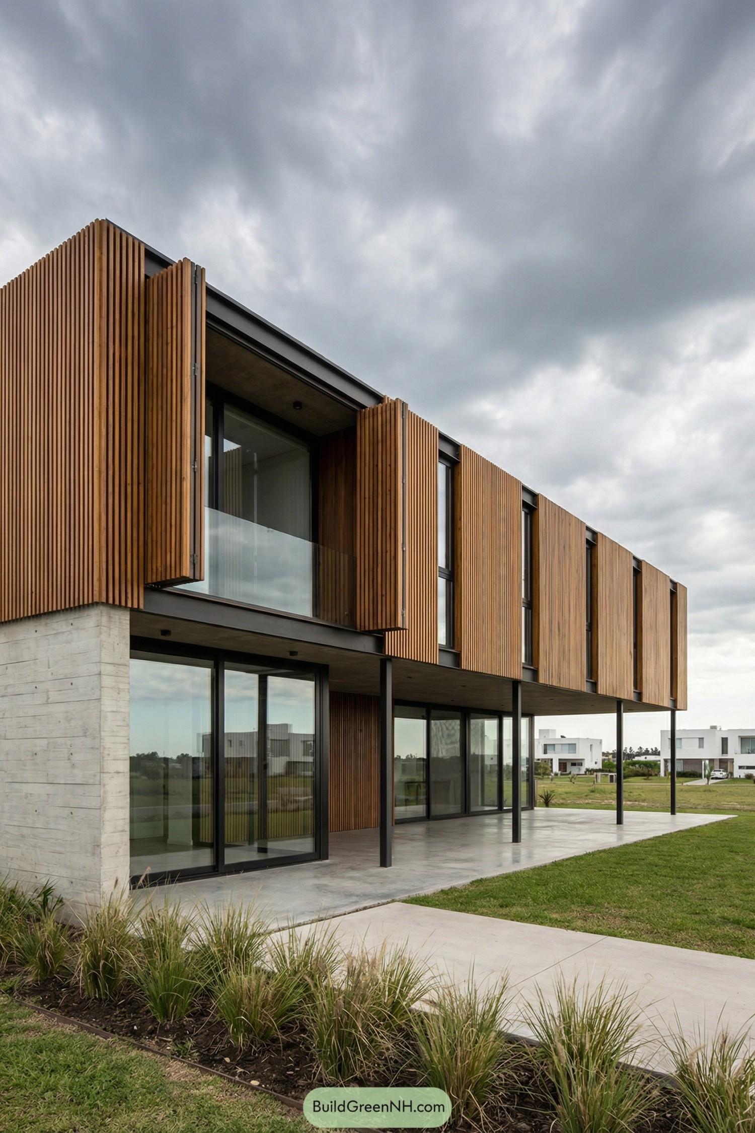 Two story modern house with vertical timber slats and large glass walls over a concrete base