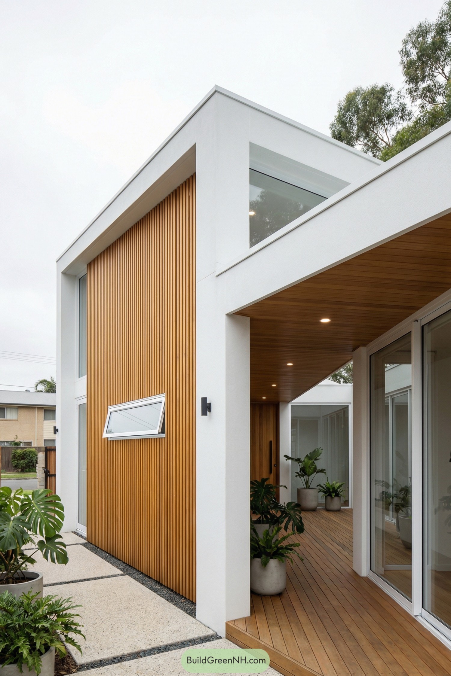 Contemporary white house with vertical timber slats and covered timber deck