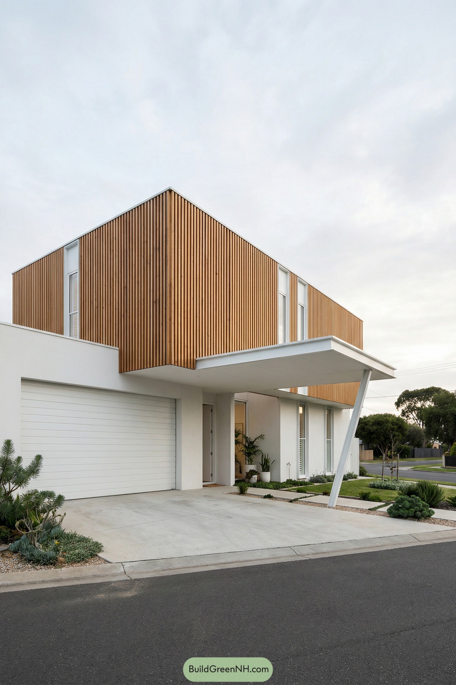 Modern two story house with timber slat upper level over a white base and angled carport canopy