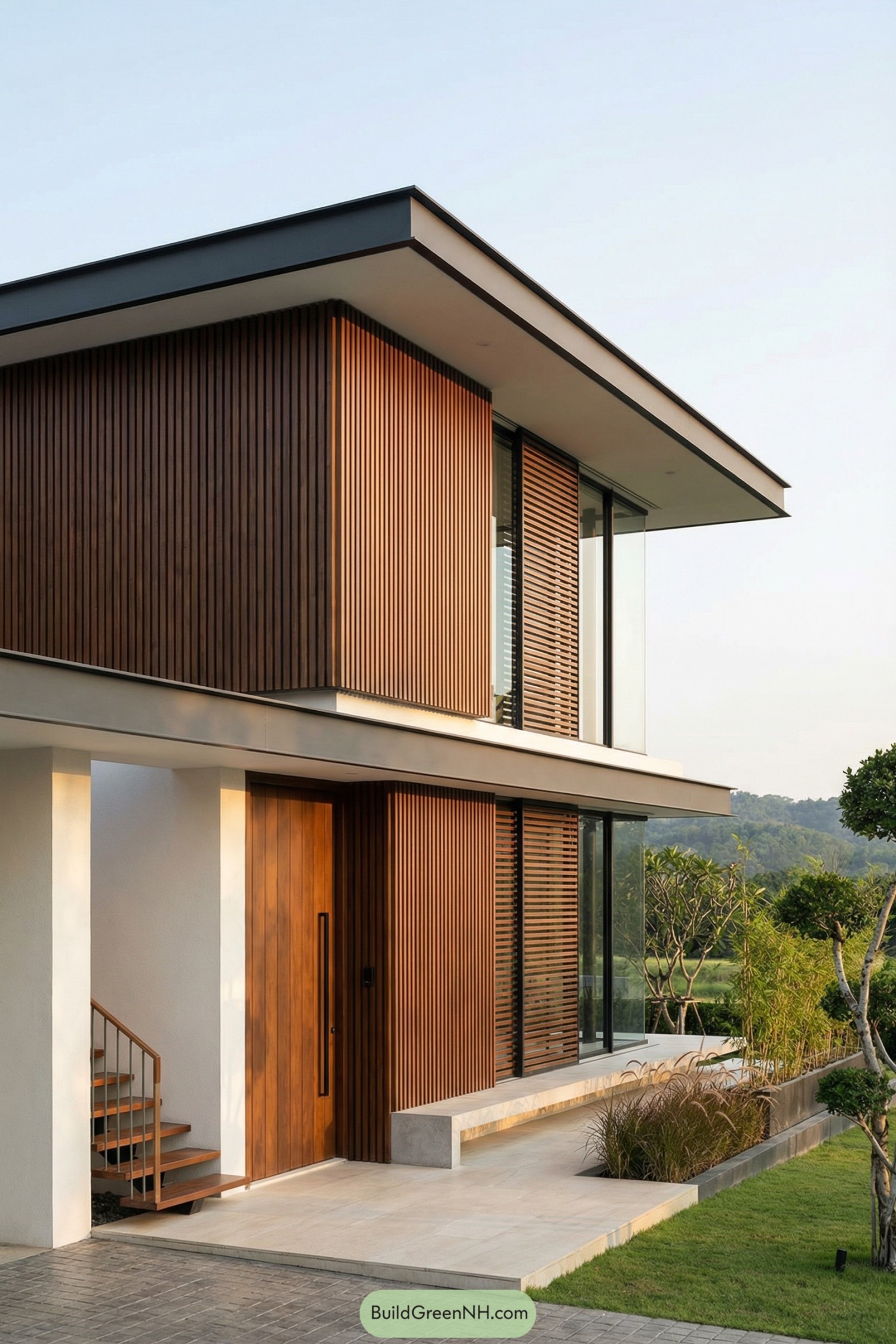 Modern two-story house with vertical timber slats and large glass panels opening to a landscaped yard