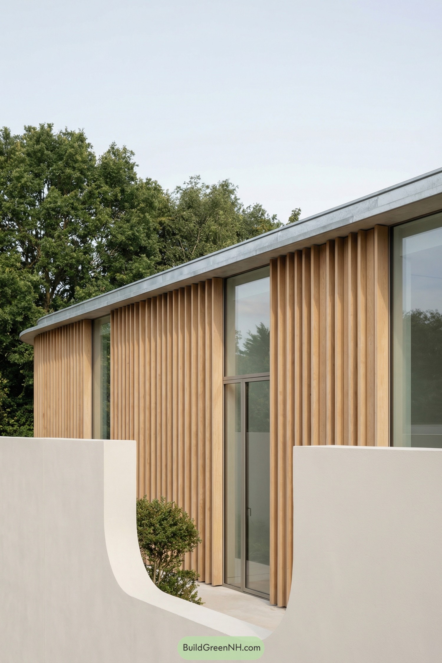 Slim vertical timber slats fronting glass walls behind a curved white courtyard wall
