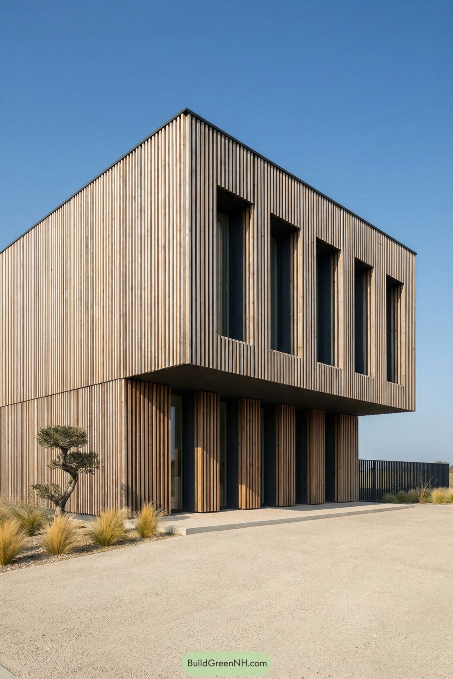 Two-story house clad in vertical timber slats with deep recessed windows and simple drought-tolerant landscaping. Rectangular upper volume cantilevers above a shaded columned ground floor
