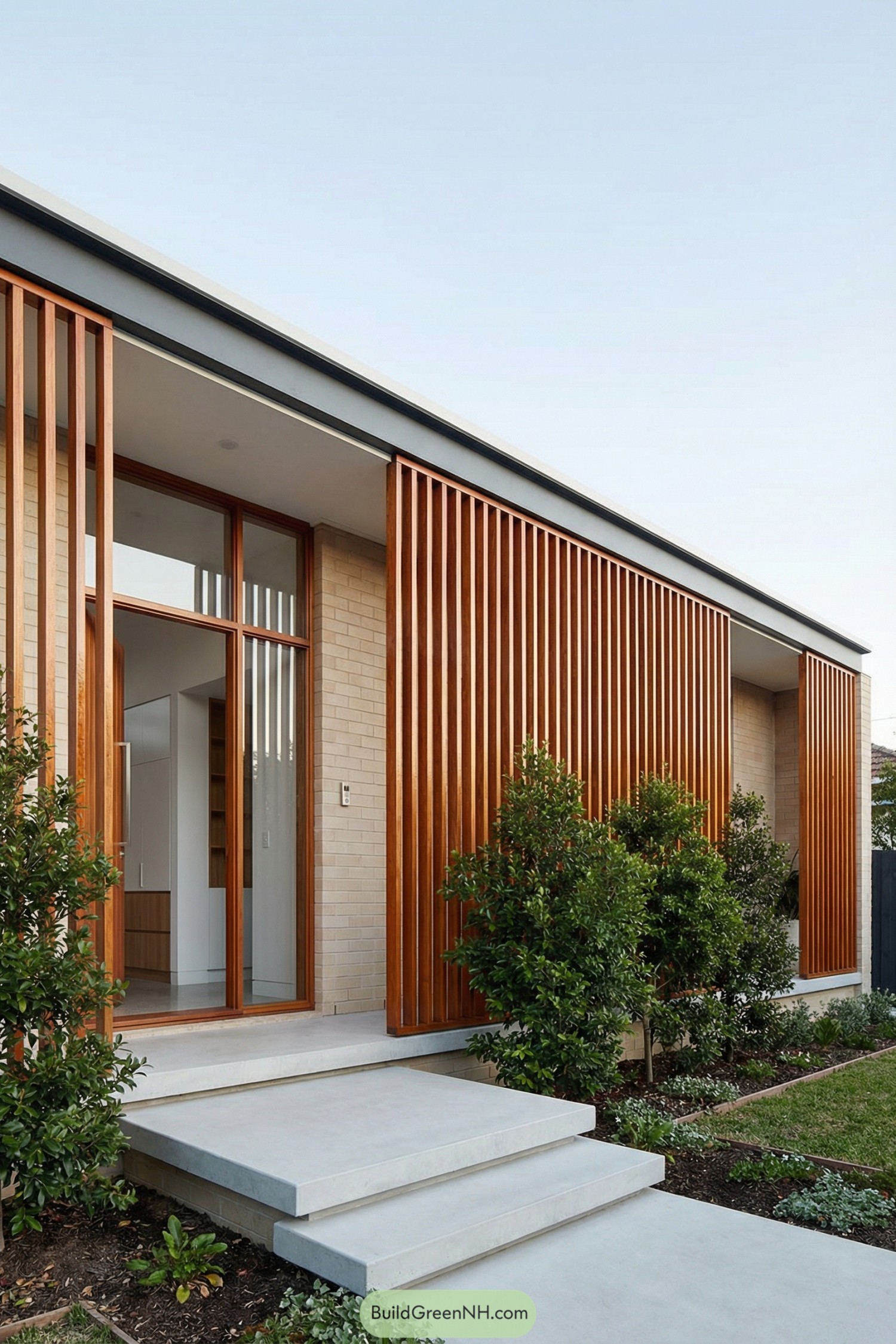 Modern single-story house with vertical timber slats and concrete entry steps