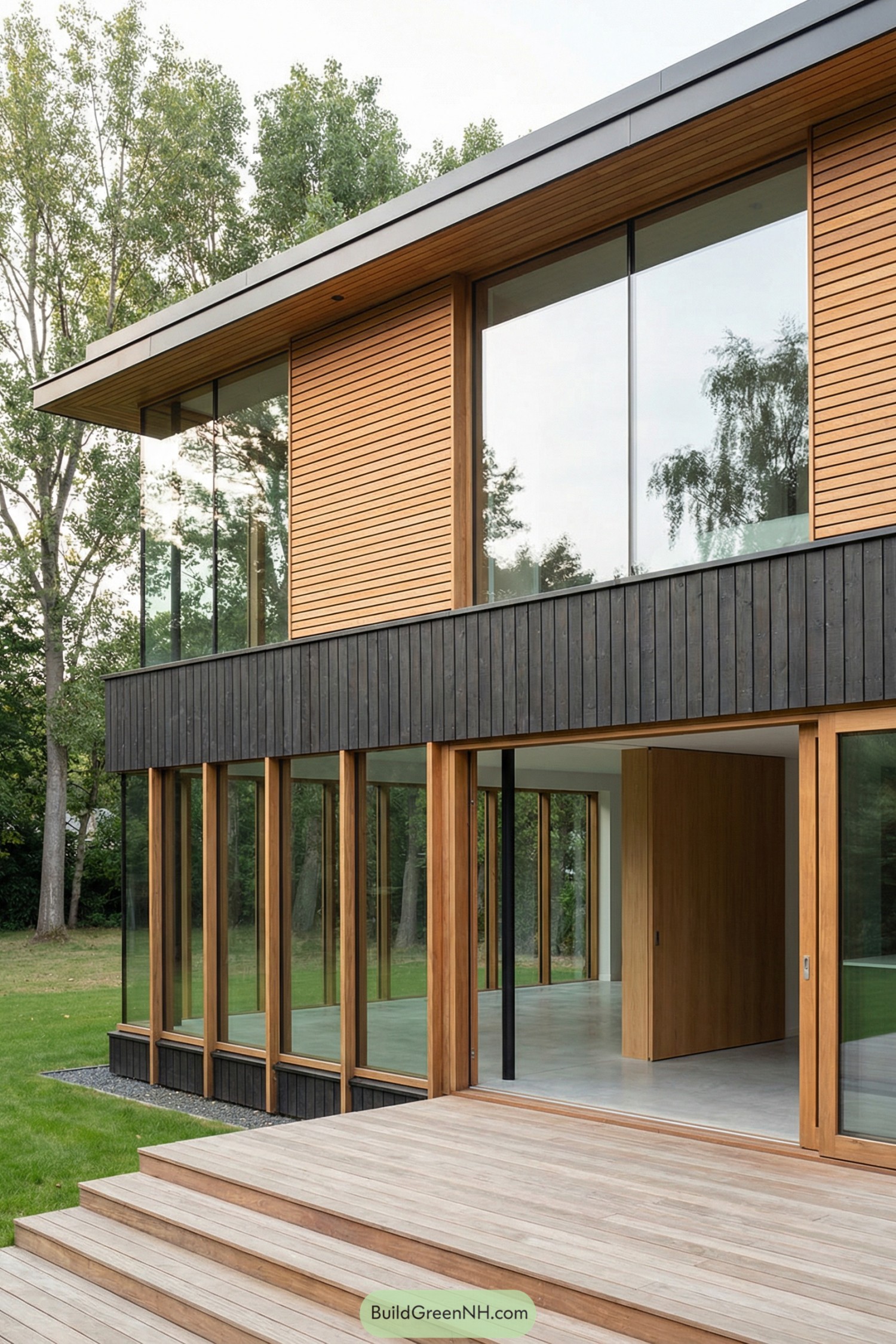 Two-story timber slat house with large glass walls opening to a wooden deck and surrounding lawn. Light and dark horizontal wood cladding defines the upper and lower levels
