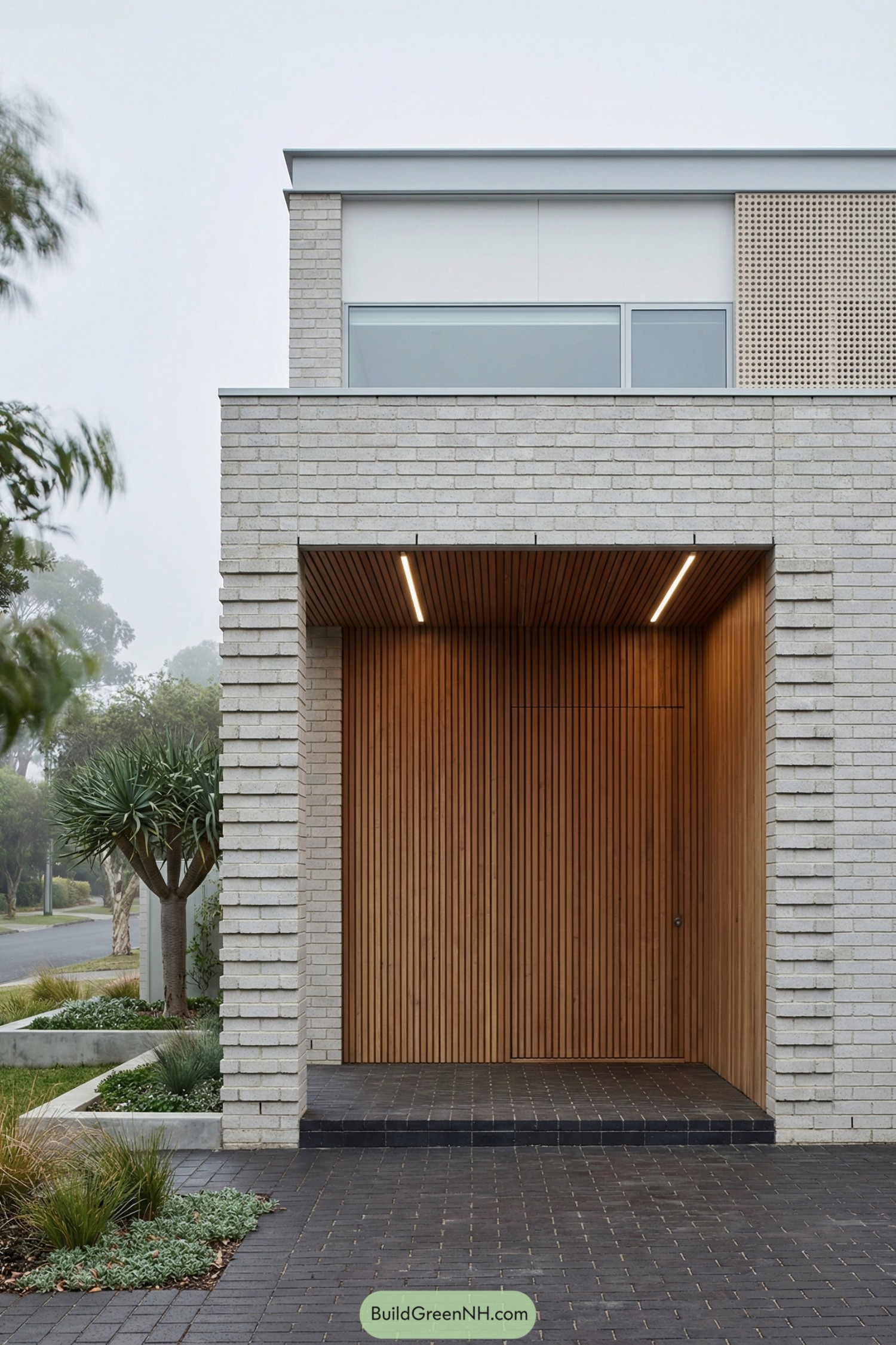 Recessed timber slat entry set within pale brick facade