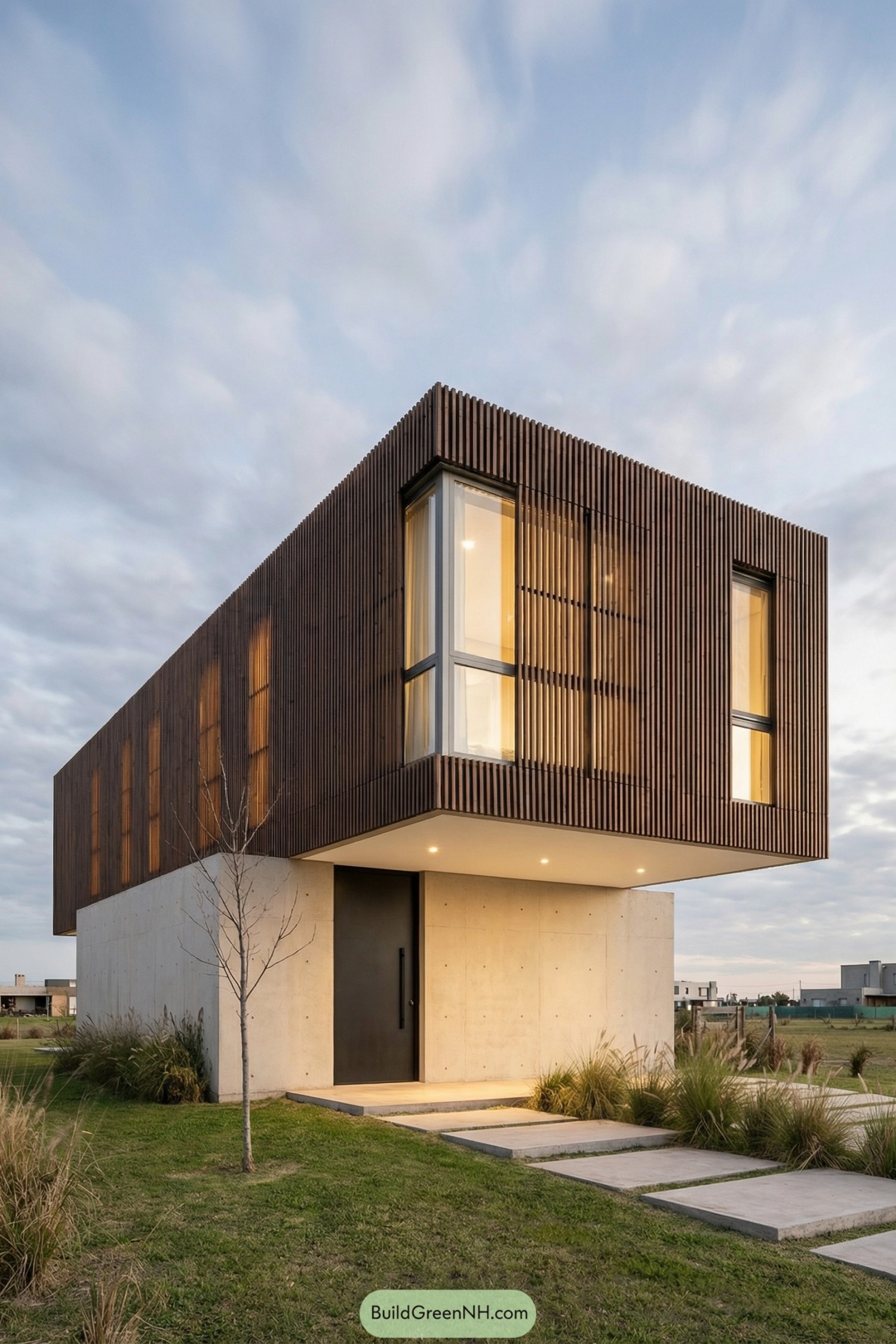 Modern two story home with cantilevered timber slat upper level over a concrete base