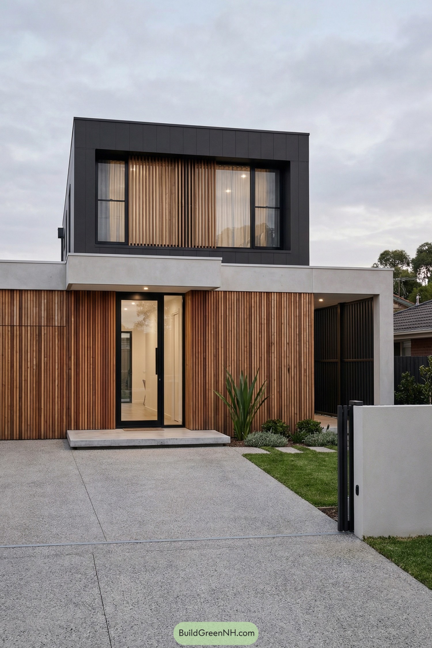 Modern two story house with vertical timber slats and dark upper volume over a concrete driveway