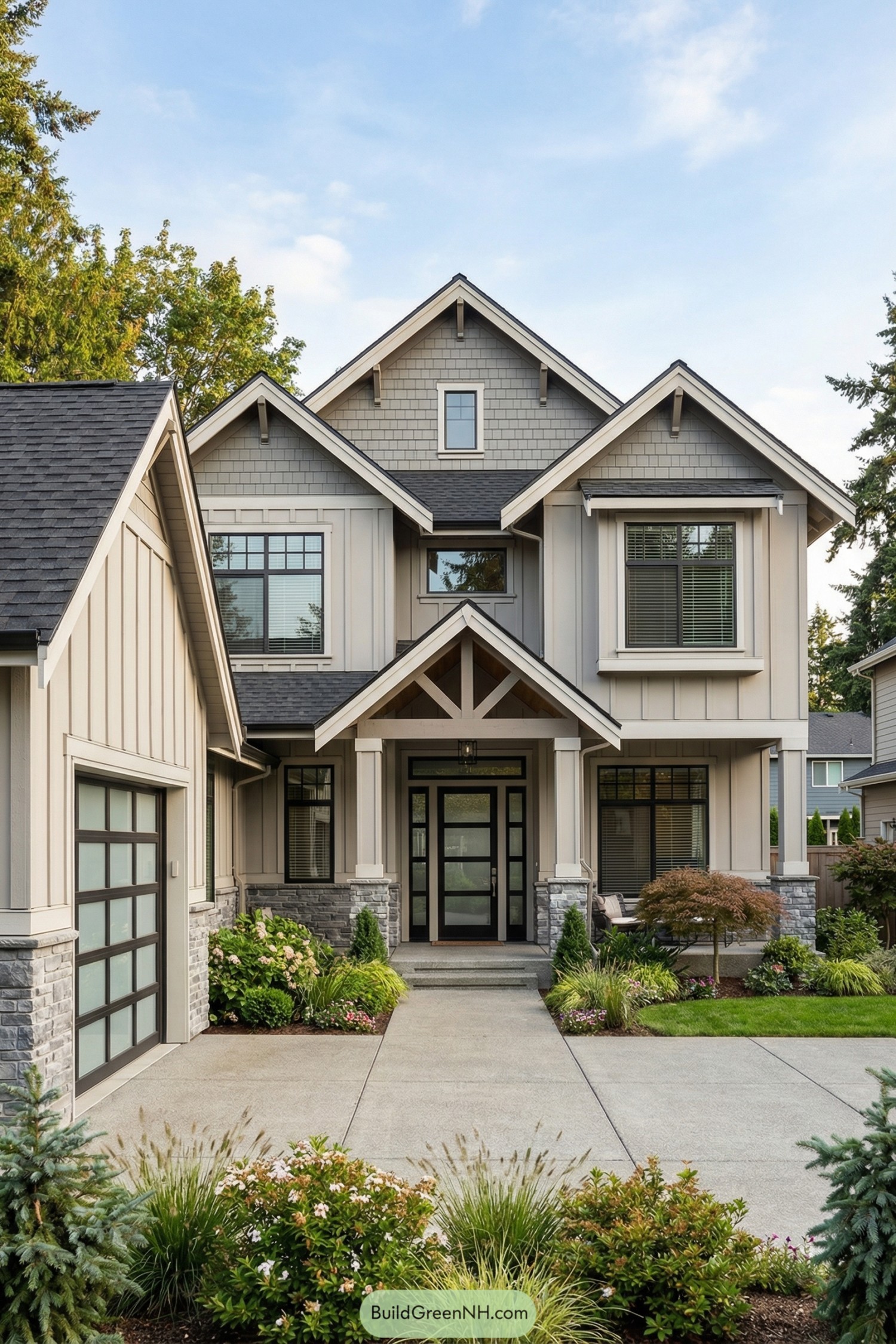Two story gabled house with vertical siding stone accents and landscaped front yard
