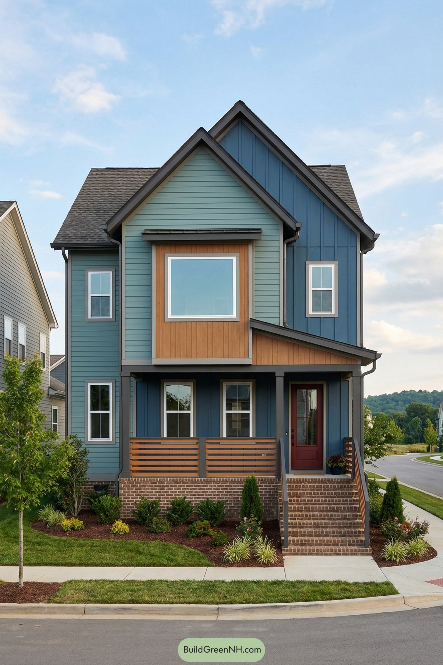 Blue and wood-accented two-story house with mixed horizontal and vertical siding