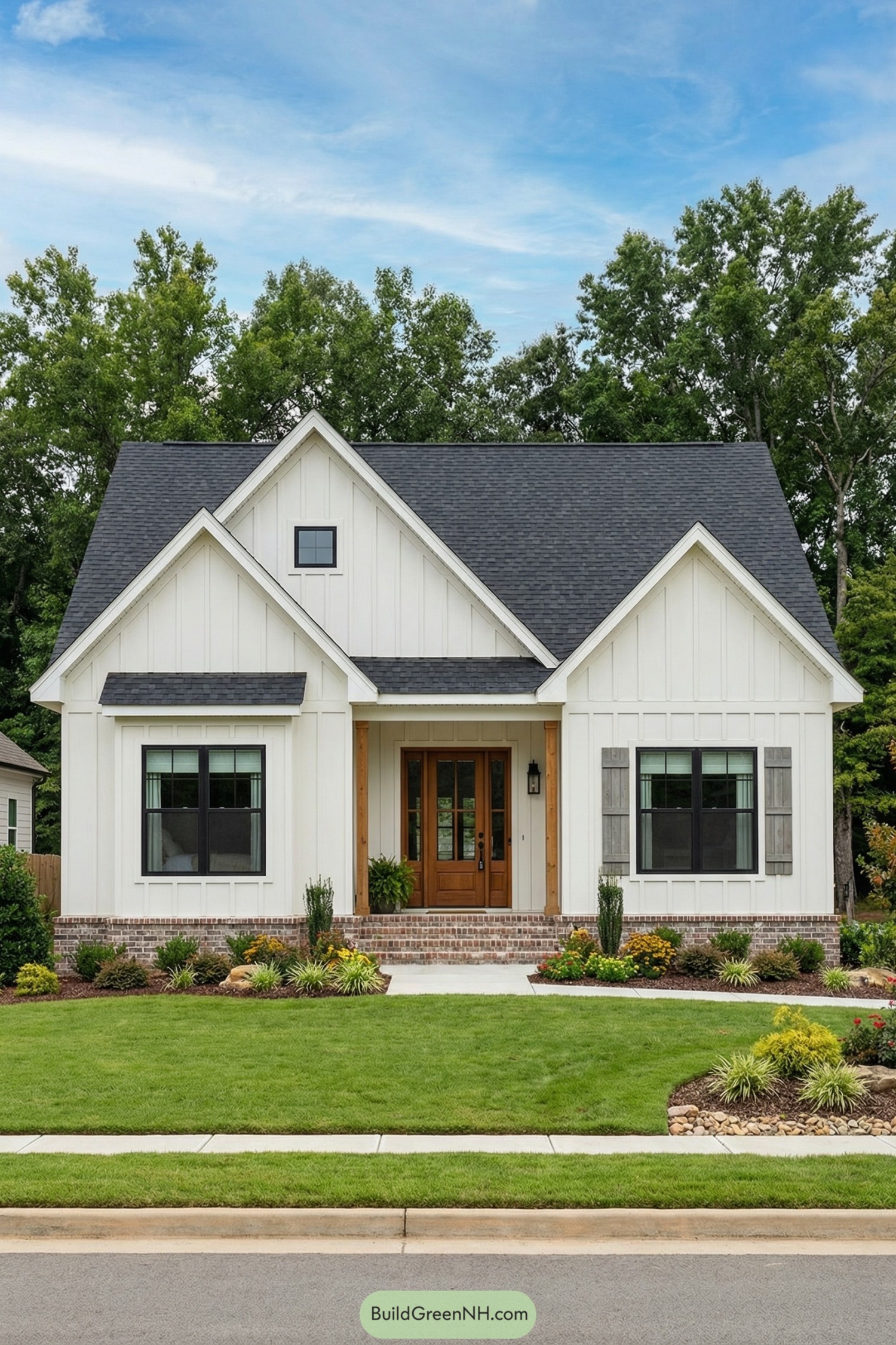 White vertical-siding cottage with dark roof, brick foundation, and a welcoming wood-trimmed front porch