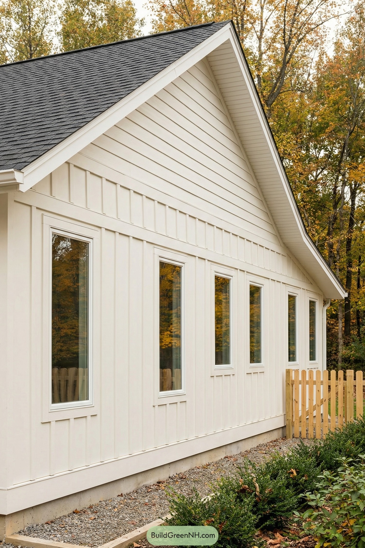 Creamy board and batten house side with tall windows and a simple gabled roof