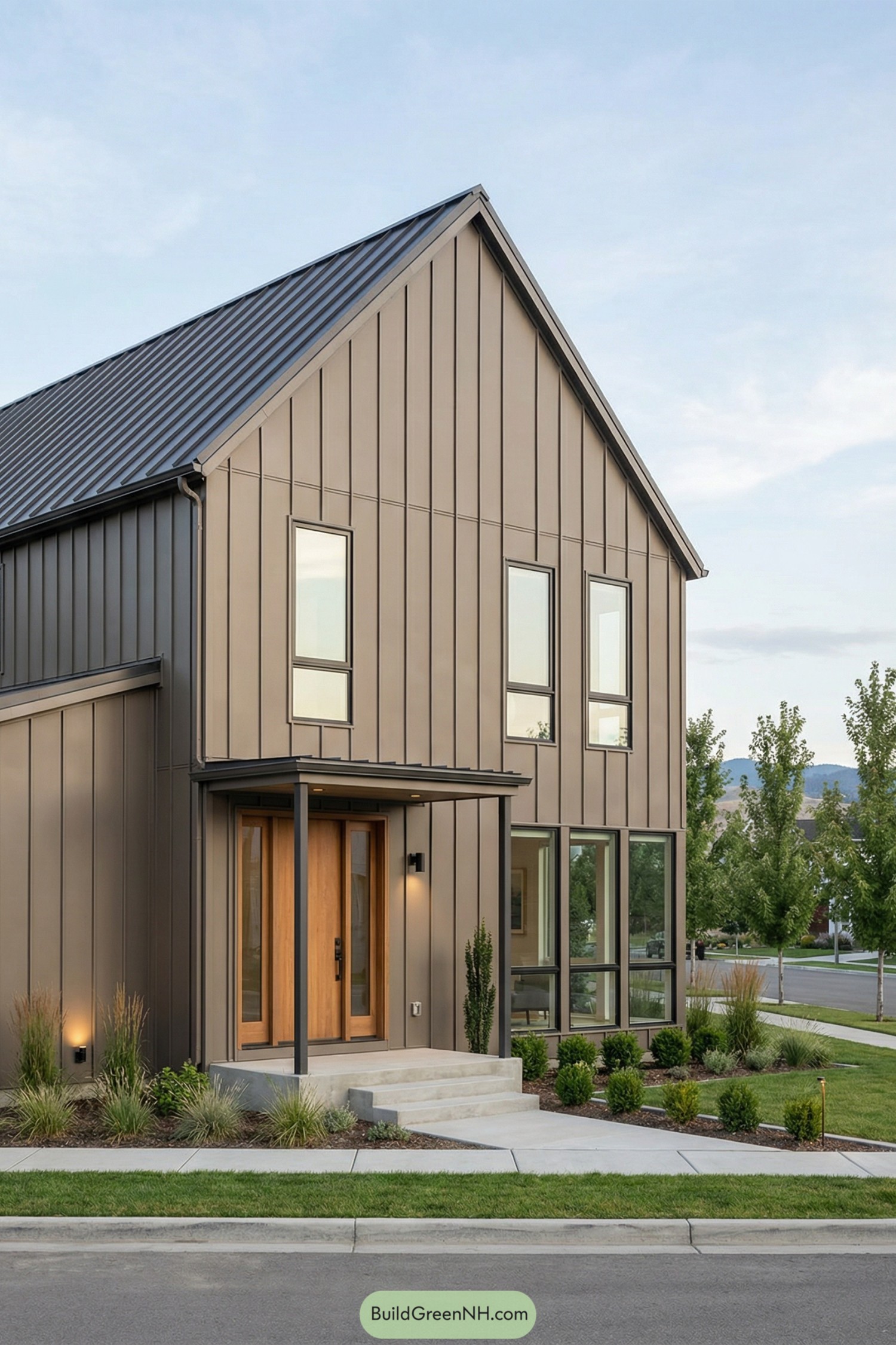 Modern gabled house with bronze vertical siding