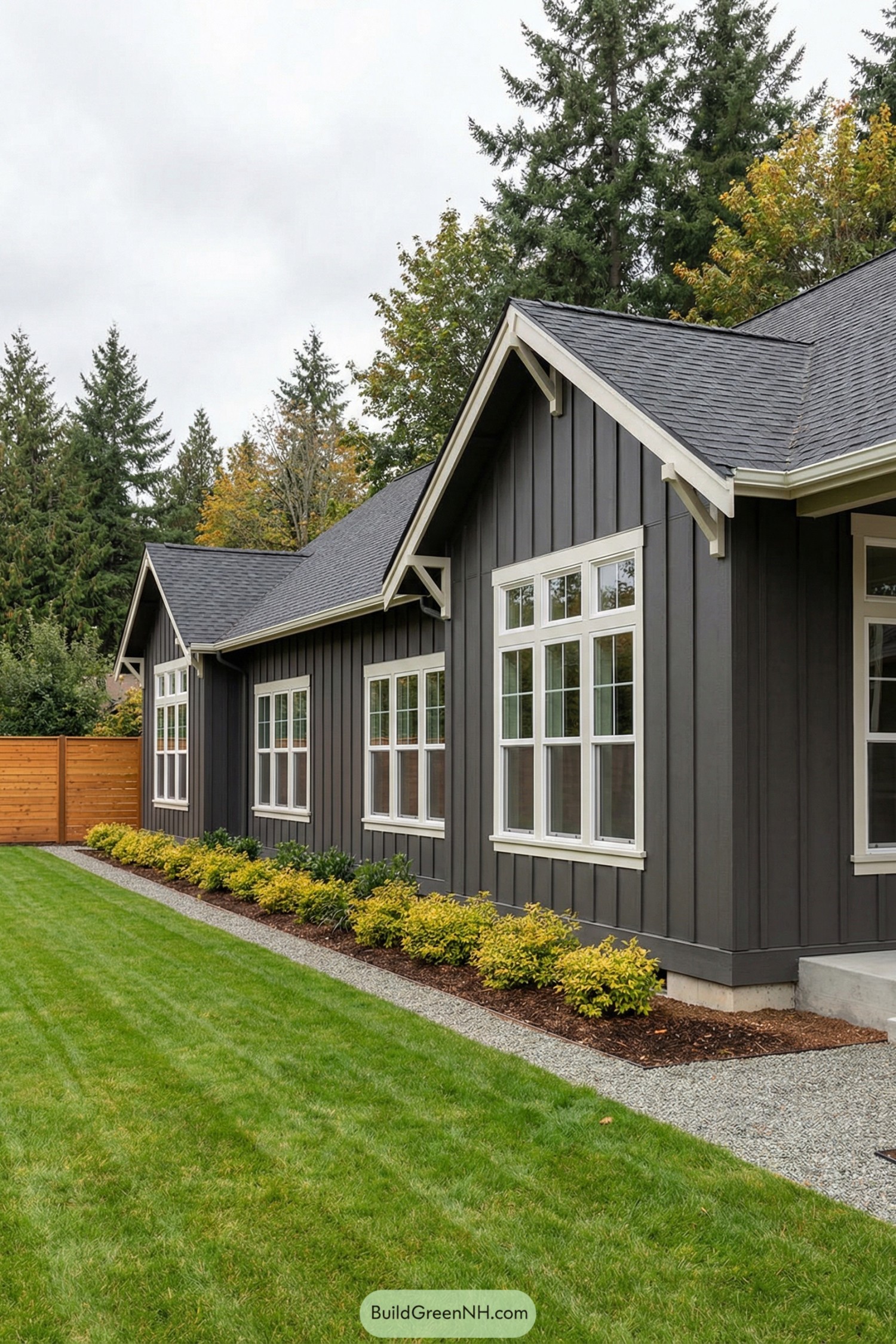 Dark vertical siding ranch home with white trim gables and manicured yard